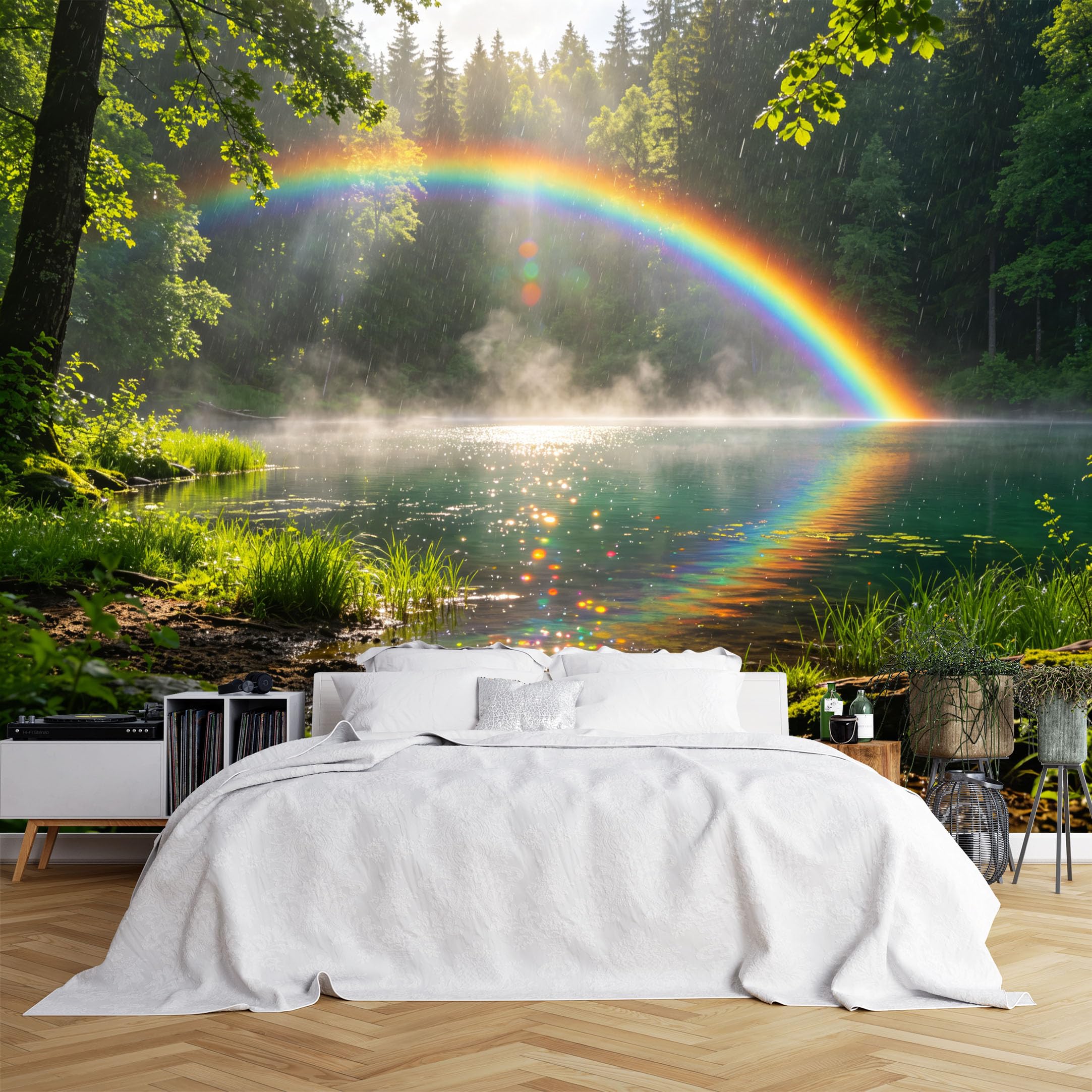 Lcythiazole Ch260615194 Custom Size Wall Murals Forest Lake Post-Rain Rainbow Reflection Wall Stickers Self-Adhesive Wall Fabric (No Pvc) Removable Wallpaper For Living Room Study