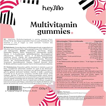 Hey'Mo Multivitamin Gummies with Vitamin D C and Zinc 60 Gummies Strawberry Multivitamin Gummibärchen mit Vitamin C D und Zink sowie 7 weiteren Nährstoffen; 60 weiche Gummies mit Erdbeergeschmack pur.