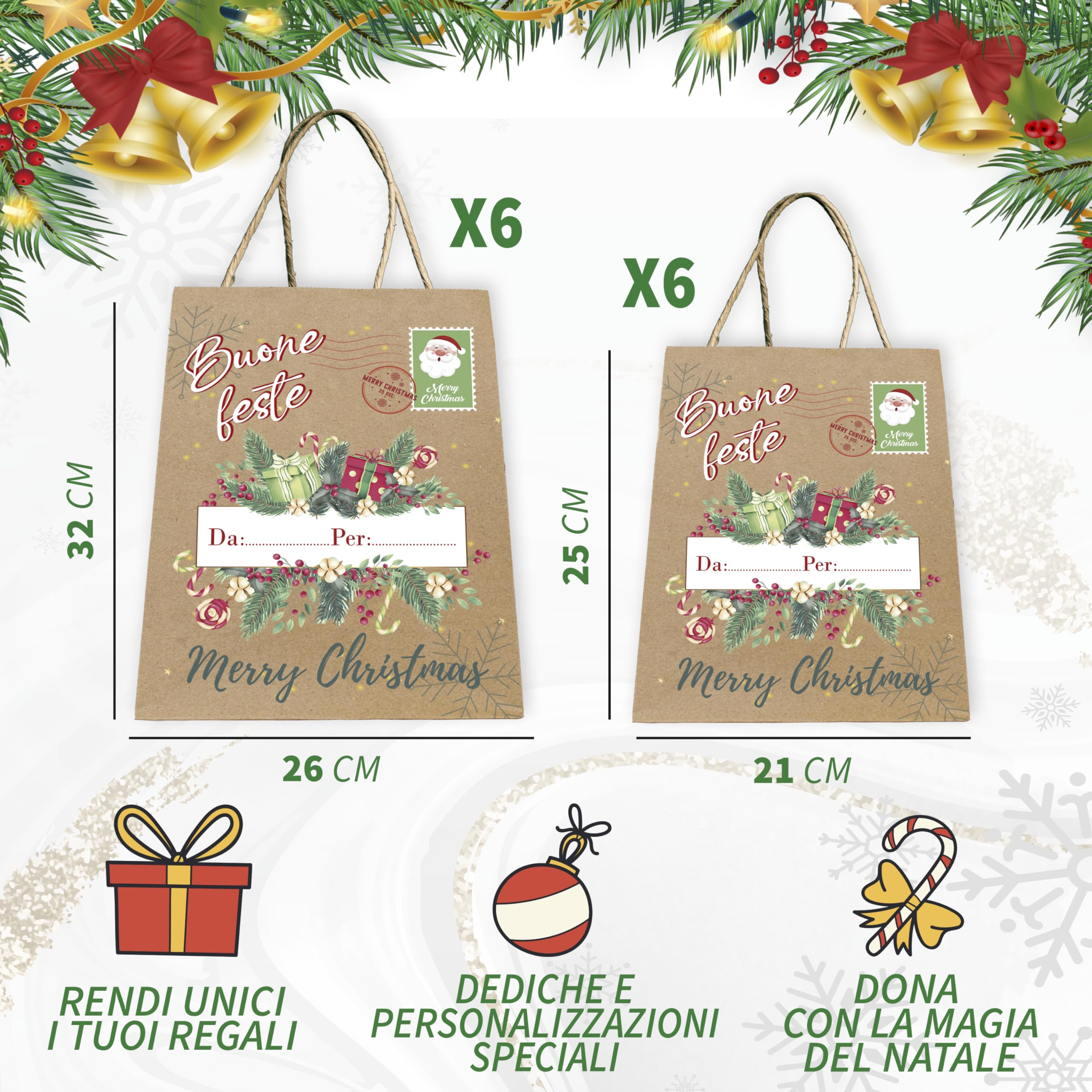 Sacchetti regalo natalizi in carta kraft, 12 Pezzi Natale Sacchetti di Carta Kraft, Sacchetti Regalo di Natale con Manici, per confezioni regalo, feste di Natale, Regali Cioccolato Caramelle Deco