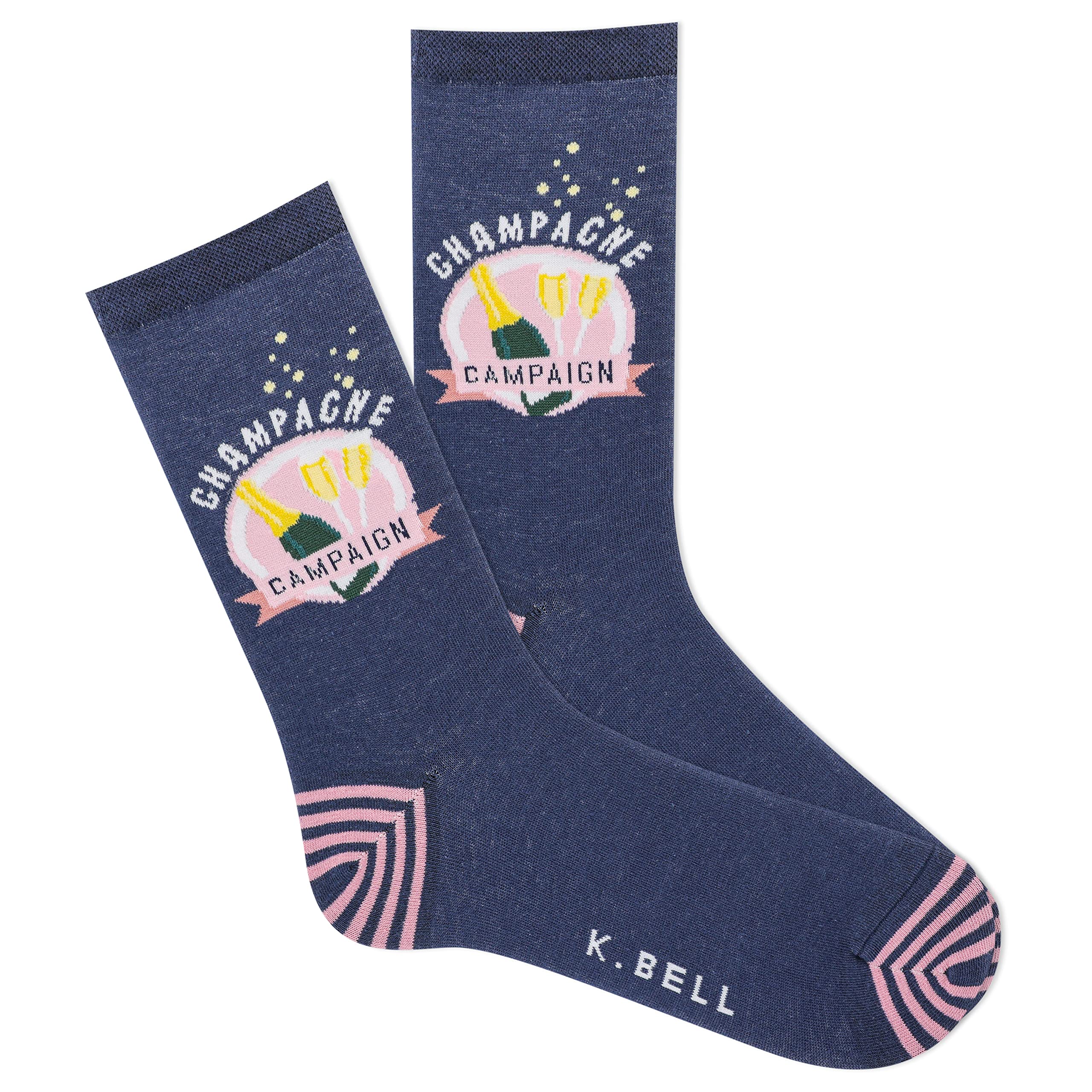 K Bell Women's Champagne Campaign (Navy) K. Bell Fun Food & Drink Crew Socks - 1 Pairs - Cool & Cute Pop Culture Novelty Gifts, 3.5-9 Uk