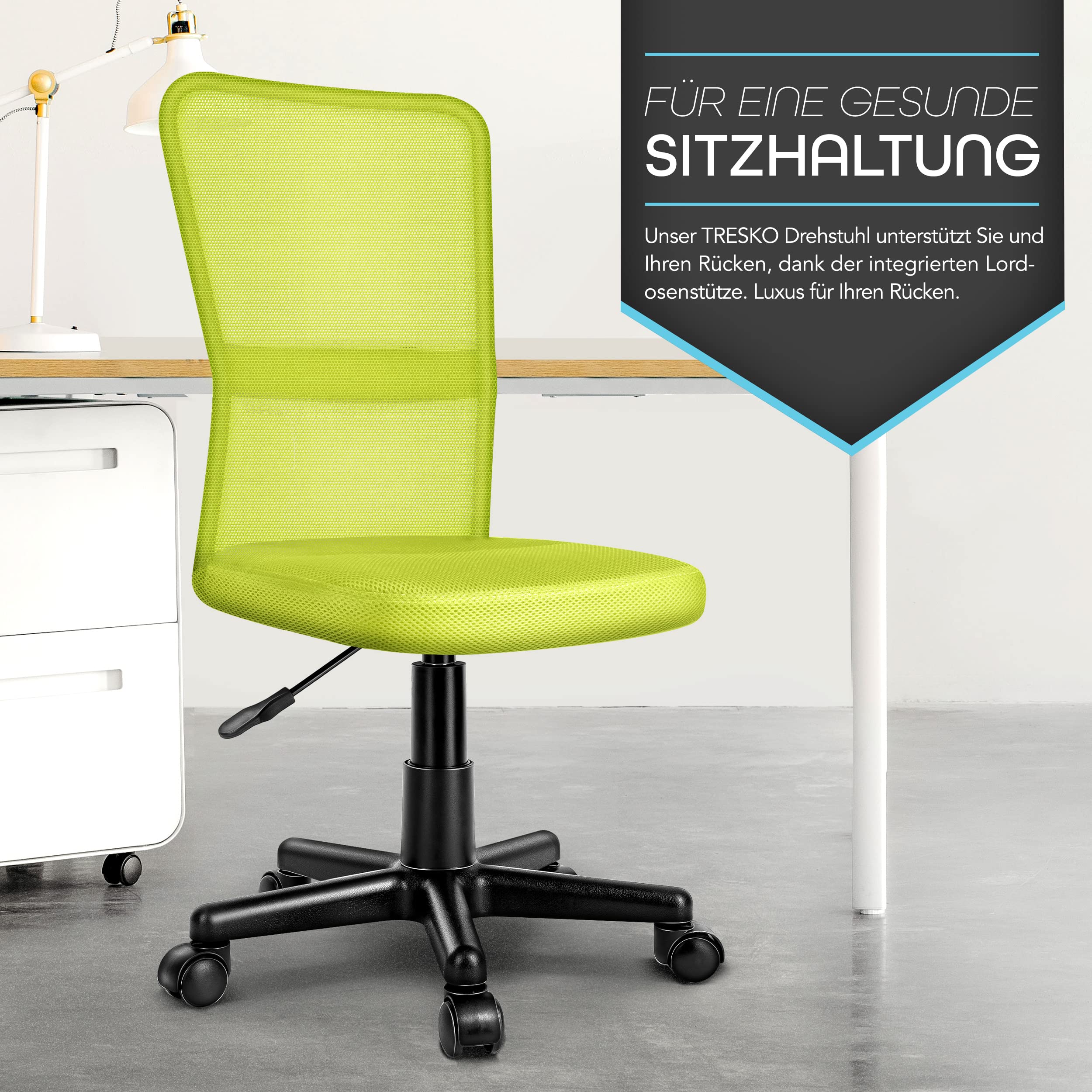 TRESKO Bürostuhl Schreibtischstuhl Drehstuhl, mit Kunststoff-Leichtlaufrollen, stufenlos höhenverstellbar, gepolsterte Sitzfläche, ergonomische Passform, Lift SGS-geprüft (Hellgrün)