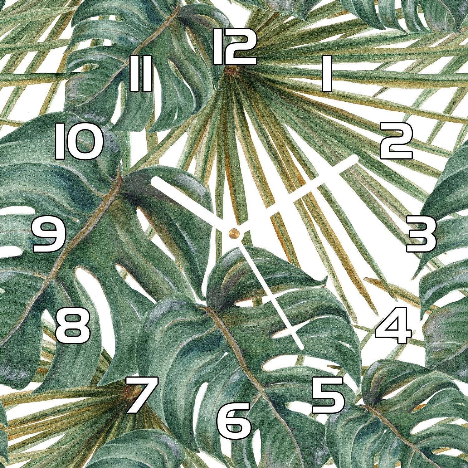 Horloge en verre 30x30 cm Coloray avec impression de plantes jungle et aiguilles noires