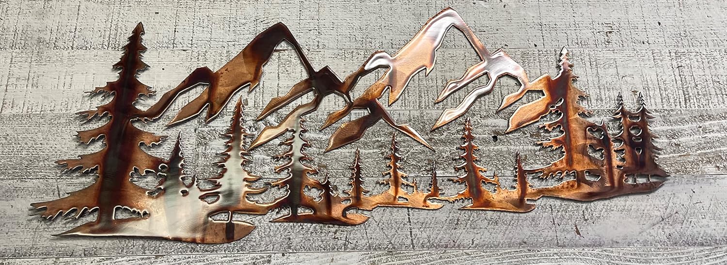 Copper Plated Metal Art Scene - Trees and Mountains (47" x 19 3/4")