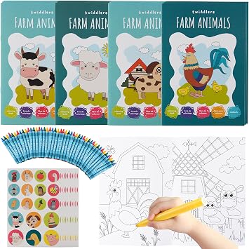 THE TWIDDLERS - 12 Bundle Pack Coloring Books with 48 Crayons & 216 Stickers Farm Animals - Mini Coloring Books for Kids Ages 4-8, DIY Art Drawing Activity Book for Toddlers, Birthday Party Favors