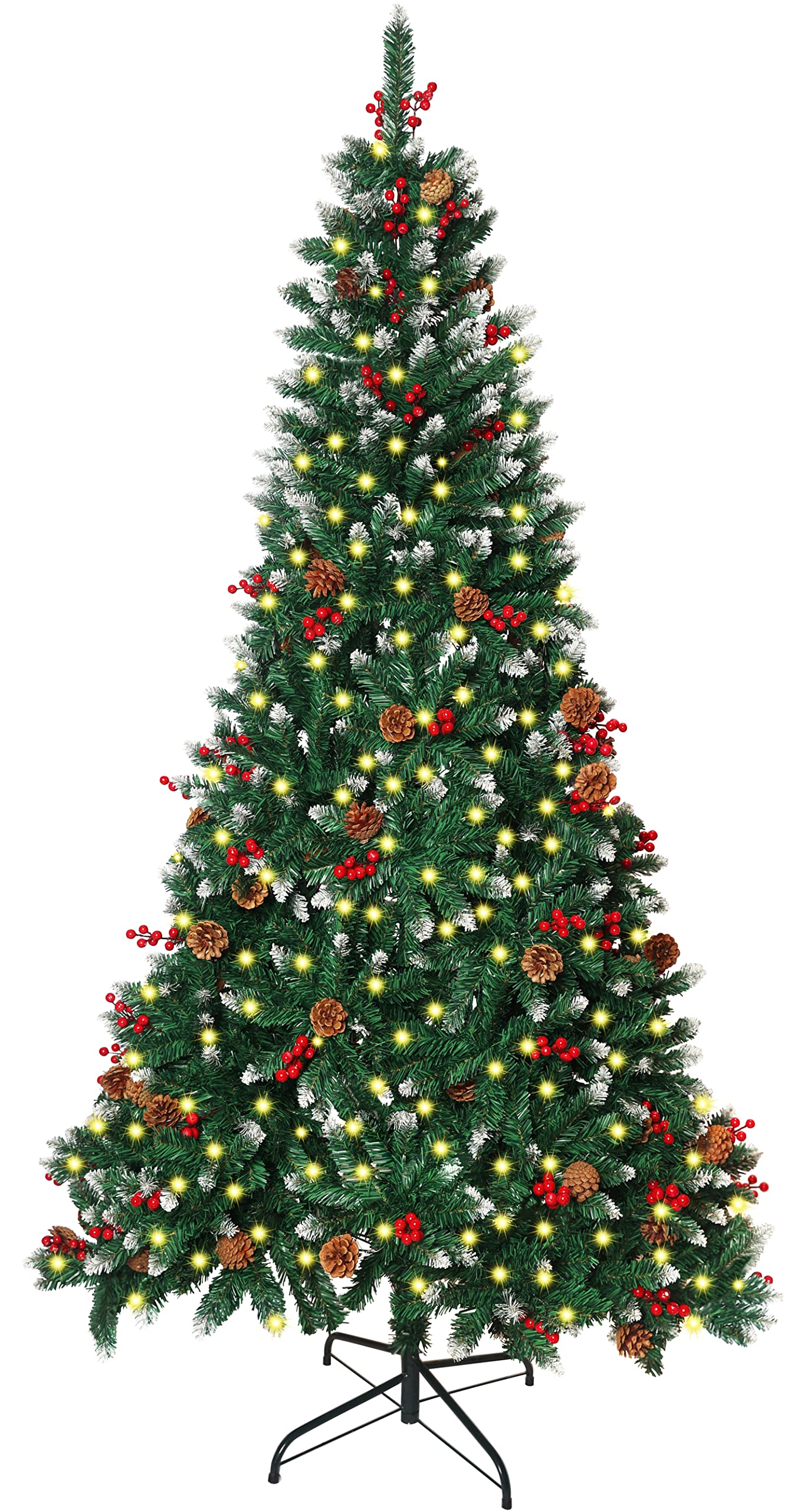 Artificial Christmas Tree Pre Lit Xmas Tree 350 LED Luxury Higned Tree 1000 Tips with 50 Berries and 50 Pine Cones, Home Holiday Party Decorations (6FT/180CM)
