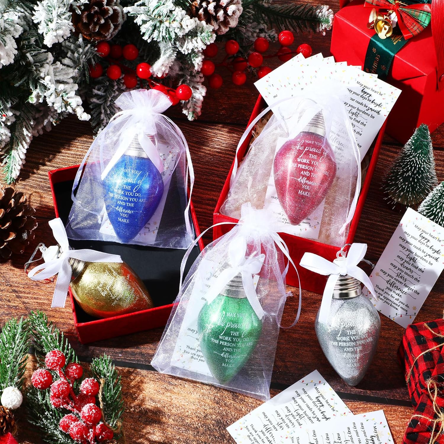 Riceshoot 30 Sets Christmas Appreciation Gifts for Coworker Lightbulb Shaped Ornament Colorful Hanging Plastic Bulbs Ornament with Bow Ribbon Card Organza Bag for Indoor Outdoor Xmas Tree Decoration