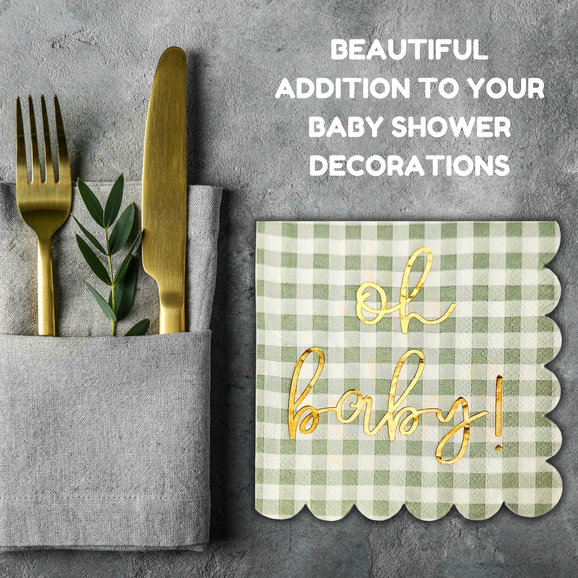 Cloverjoyed 'Oh Baby' - Decoraciones para baby shower, paquete de 50, servilletas doradas Oh Baby en patrón verde salvia a cuadros, bordes festoneados, servilletas de baby shower verde salvia