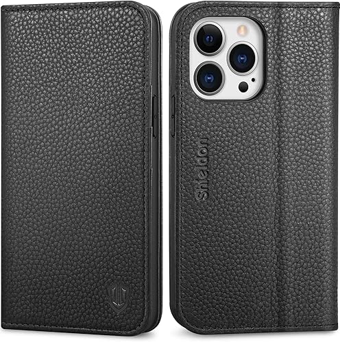 SHIELDON Funda para iPhone 13 Pro 5G 2021, funda de piel auténtica, soporte para tarjetas, bloqueo RFID, funda magnética a prueba de golpes,