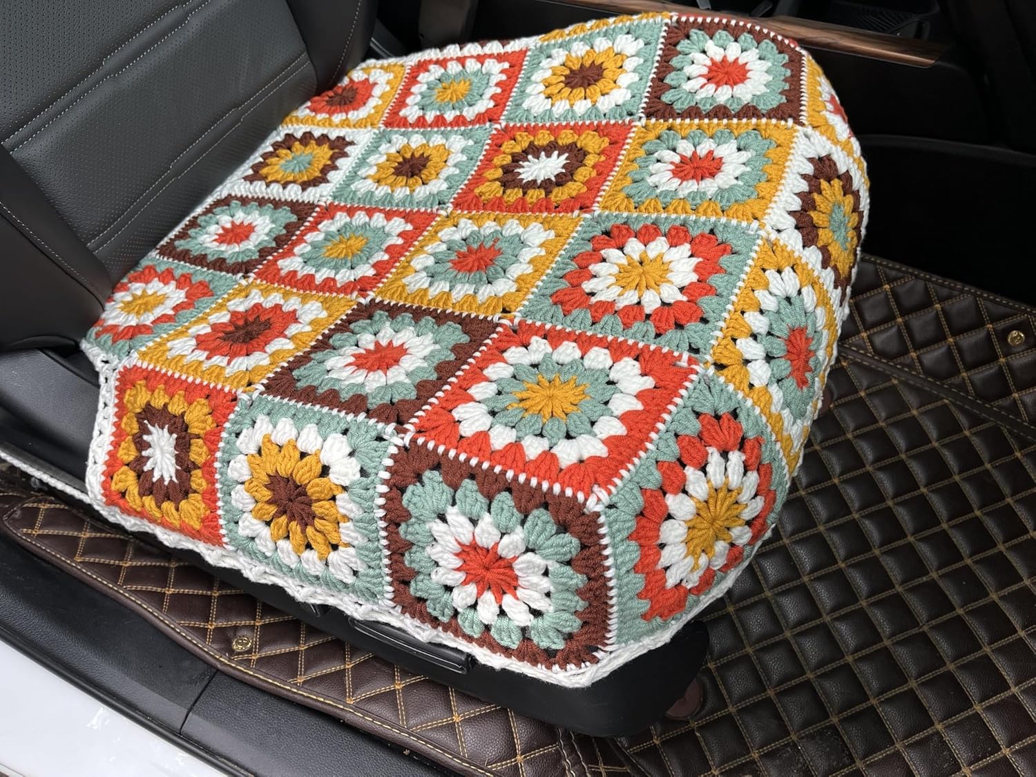Handmade Crochet Rainbow Sunflower Granny Square Car Seat Cover Front Bottom Seat Cushion Cover,Universal Fit Vehicles Sedans SUVS Vans Trucks -2 Piece (Rainbow Sunflower-Granny Square)