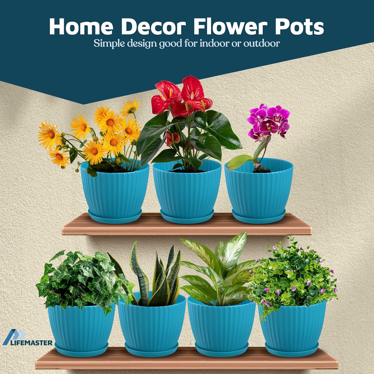 Blue 6-Inch Plant Pots with Drainage & Saucers 24 Pack, Indoor & Outdoor Planters for Houseplants, Herbs, and Flowers, Durable & Weatherproof Material, Stackable, Lightweight, Minimalist Design