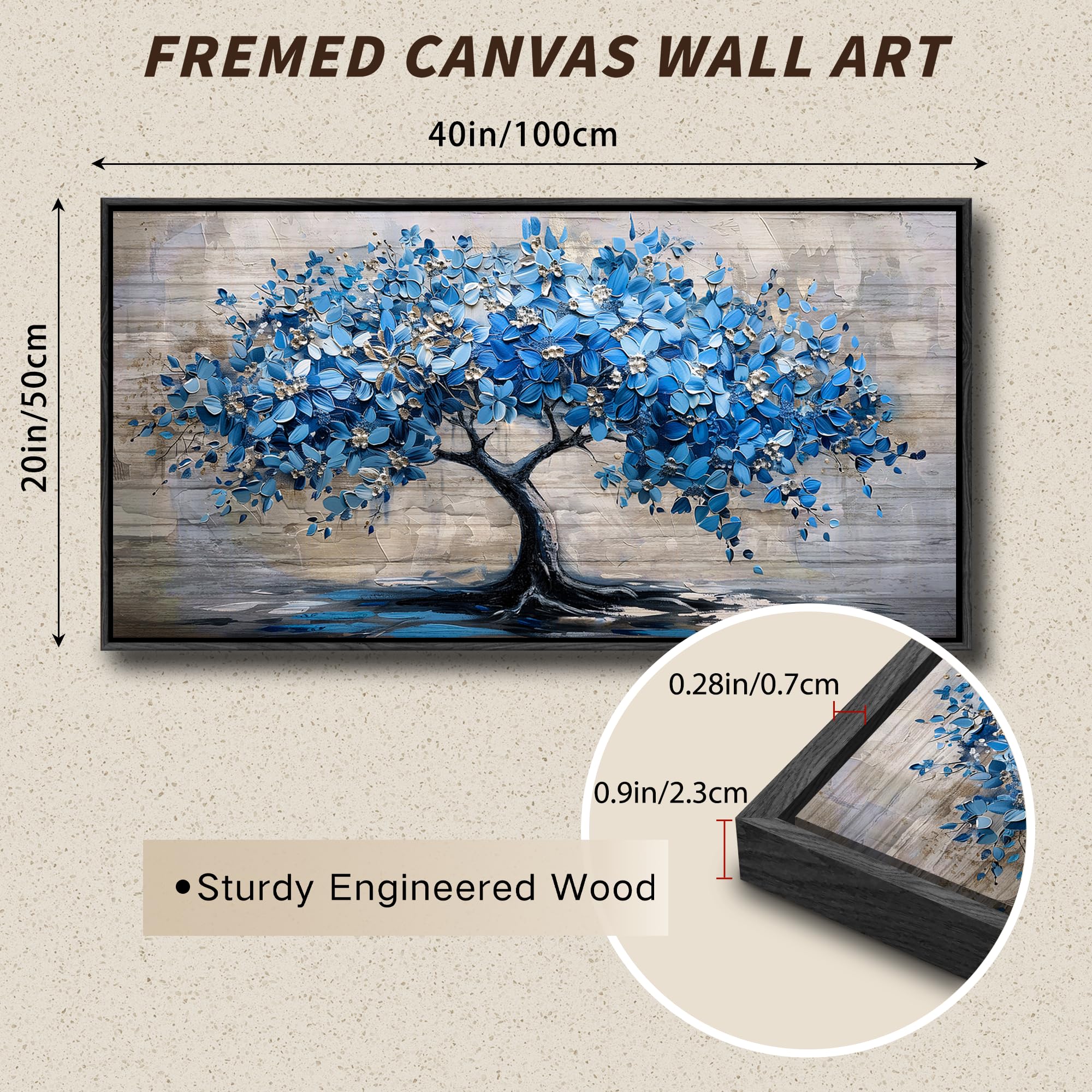 Wandbild Leinwand 50x100 Cm – Blaue Blumen & Bäume, Moderner Druck, Fertig Zum Aufhängen