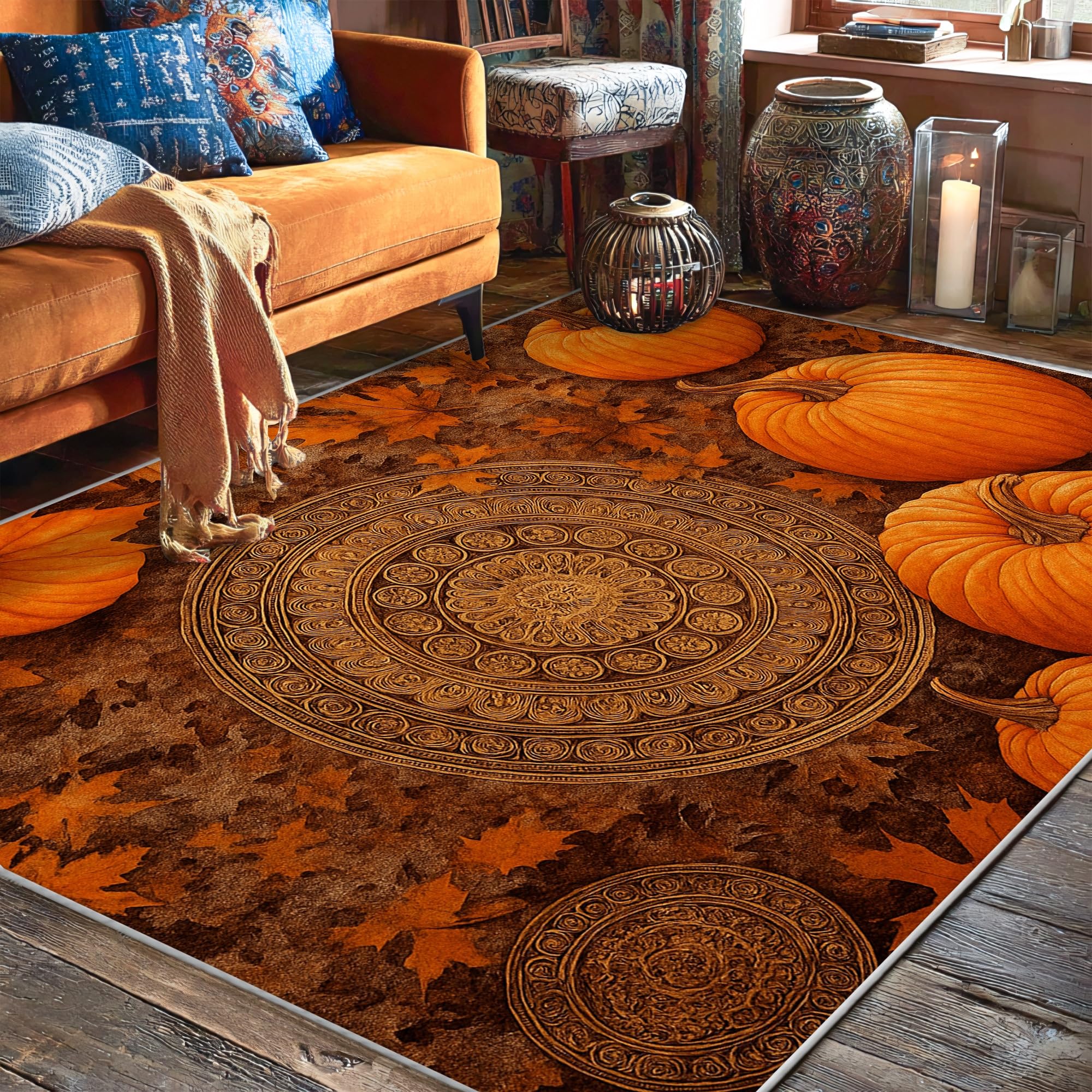 Tapis citrouille rustique pour réchauffer l'ambiance du salon