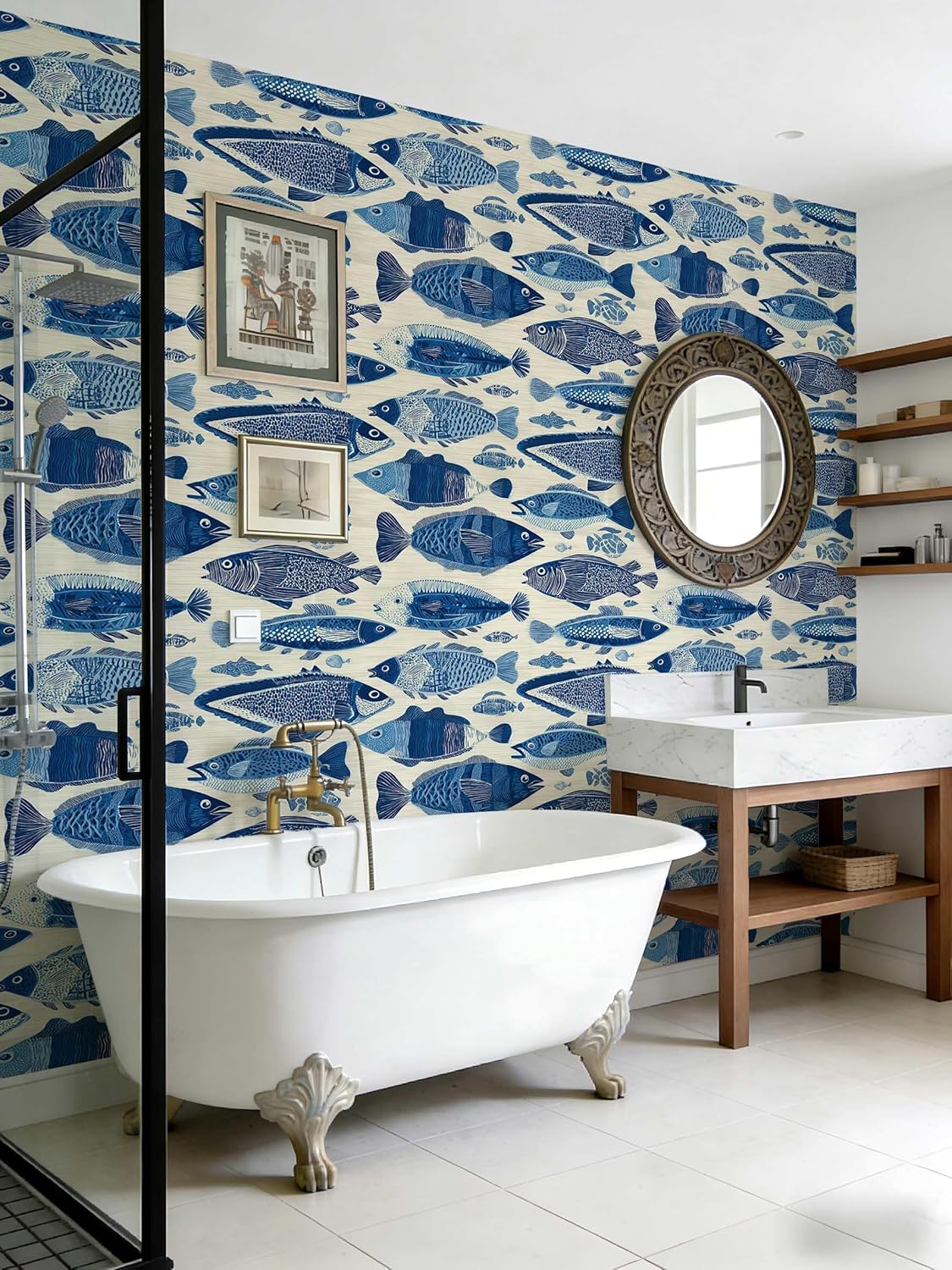 Coastal Fish Peel and Stick Wallpaper, Nautical Blue Marine Wallpaper for Home Decor | 17.7" x 236", Self-Adhesive, Waterproof Vinyl