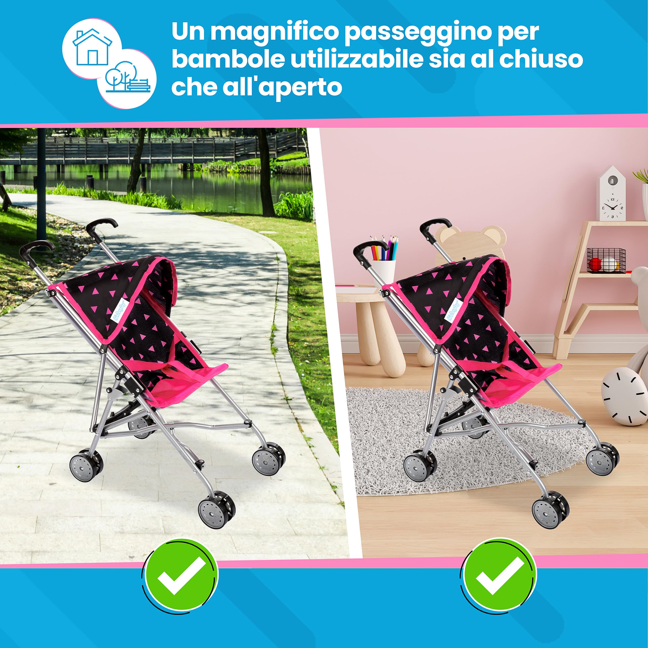 Kinderplay Passeggino per Bambole in Alluminio – Manico 54 cm, Leggero e Pieghevole – Per Bambini 2+ – Ruote Doppie Silenziose e Cintura di Sicurezza