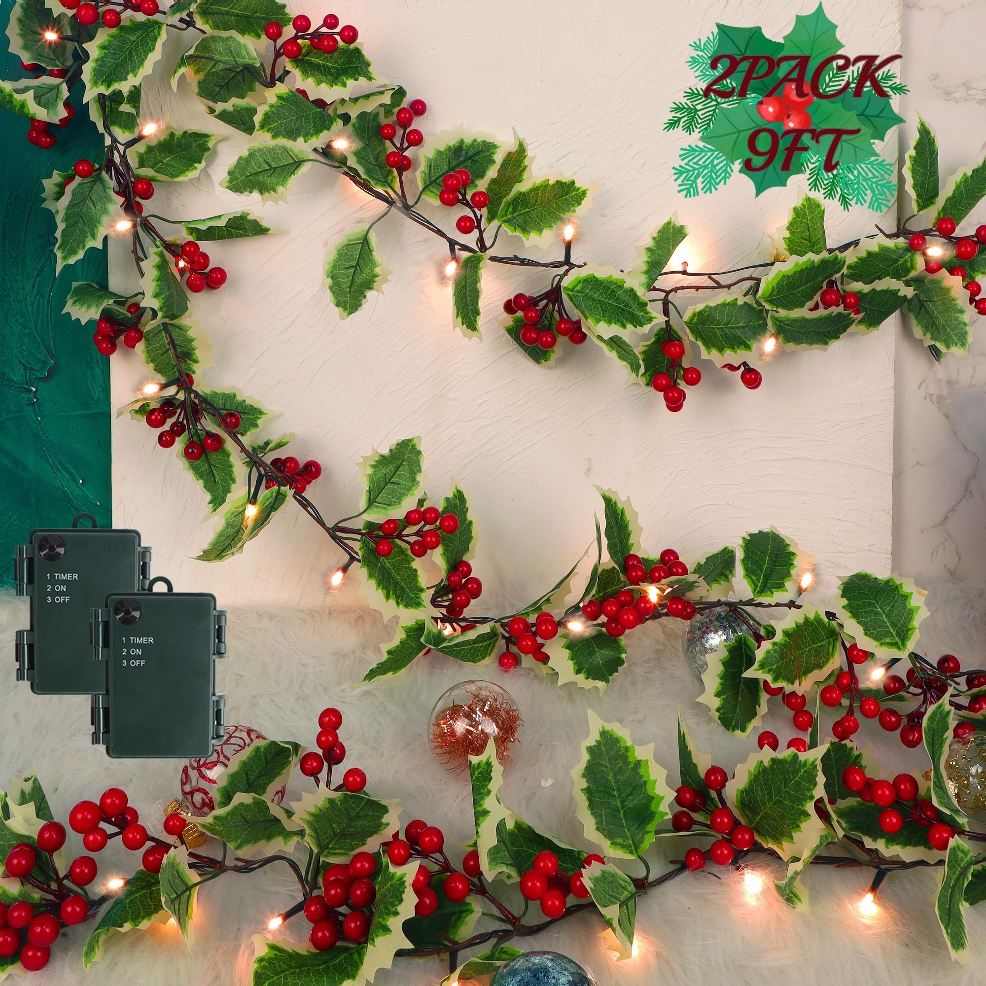 Juegoal Paquete de 2 guirnaldas de Navidad, Bayas Rojas preiluminadas de 9 pies y Hojas de Acebo, Guirnalda iluminada Artificial Que Funciona con Pilas con Temporizador, Puerta de Chimenea de Navidad