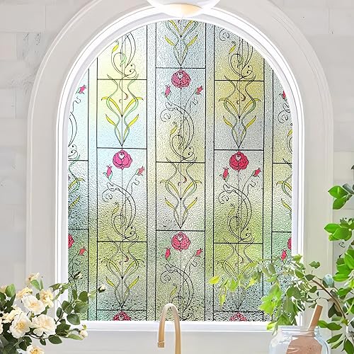 Miniatura 1 de Película de privacidad para ventana, vitral, esmerilado, película decorativa para ventana con flor de rosa, adherencia estática, calcomanías de