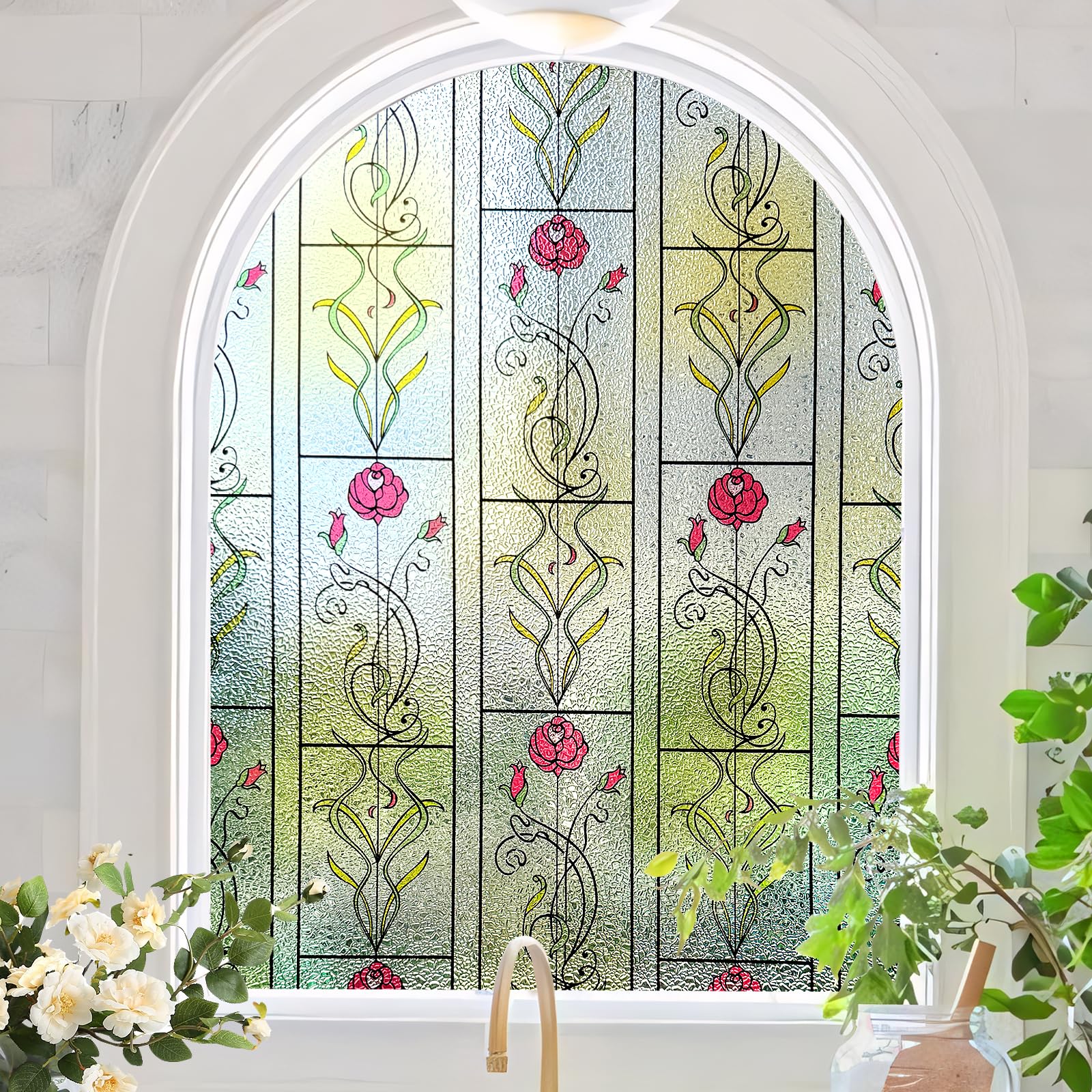 KESPEN WINDOW FILMS Film de confidentialité pour fenêtre – Film décoratif pour fenêtre en verre dépoli avec fleur de rose – Autocollant statique non adhésif pour verre – Contrôle de la chaleur pour la
