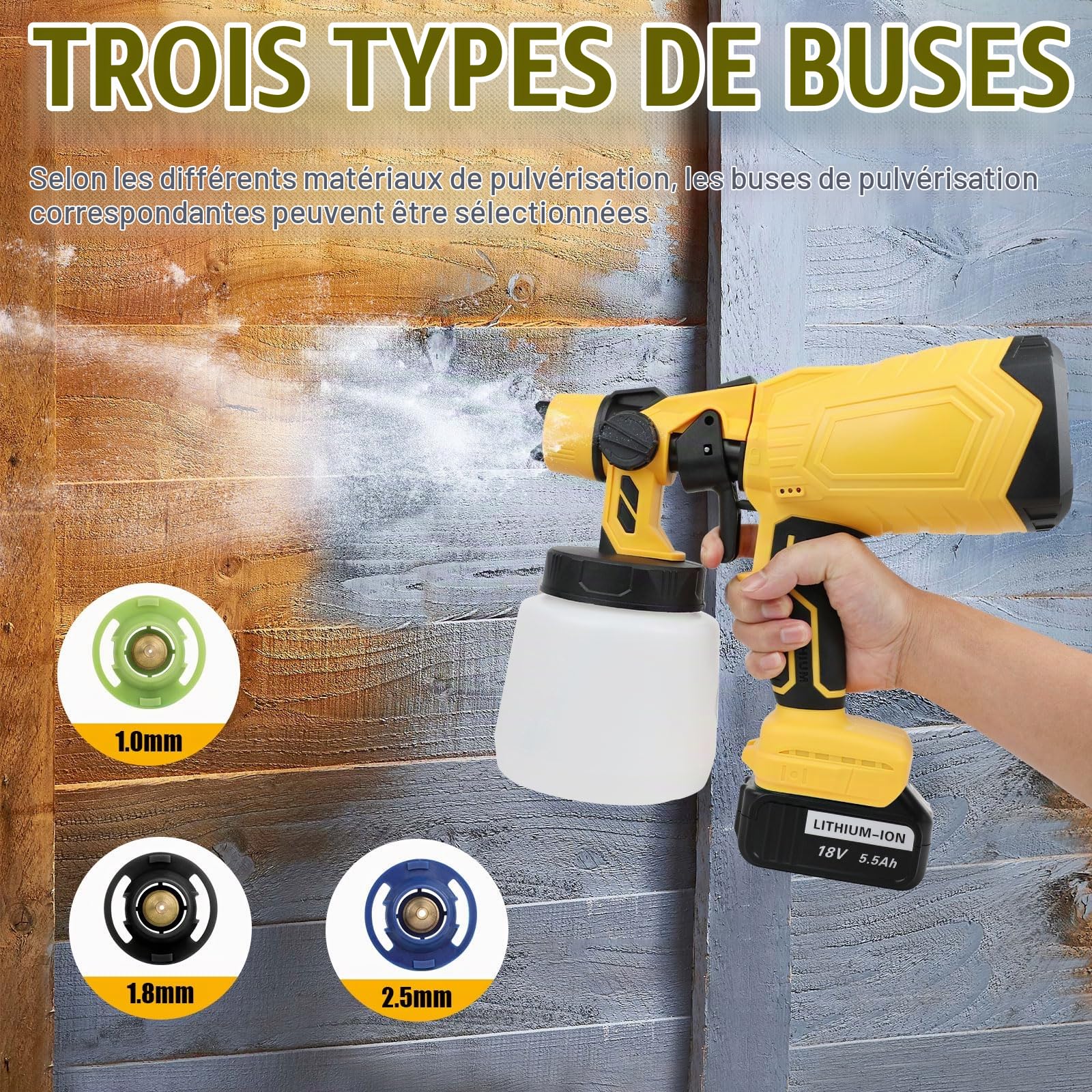 Pistolet a Peinture sans Fil avec 2 * 5500mAh Batterie, ASUNCELL Pistolet Peinture Electrique avec Grand récipient de 1 000 ML, pour Murs, Plafonds, Meubles, Clôtures, Armoires (Jaune)