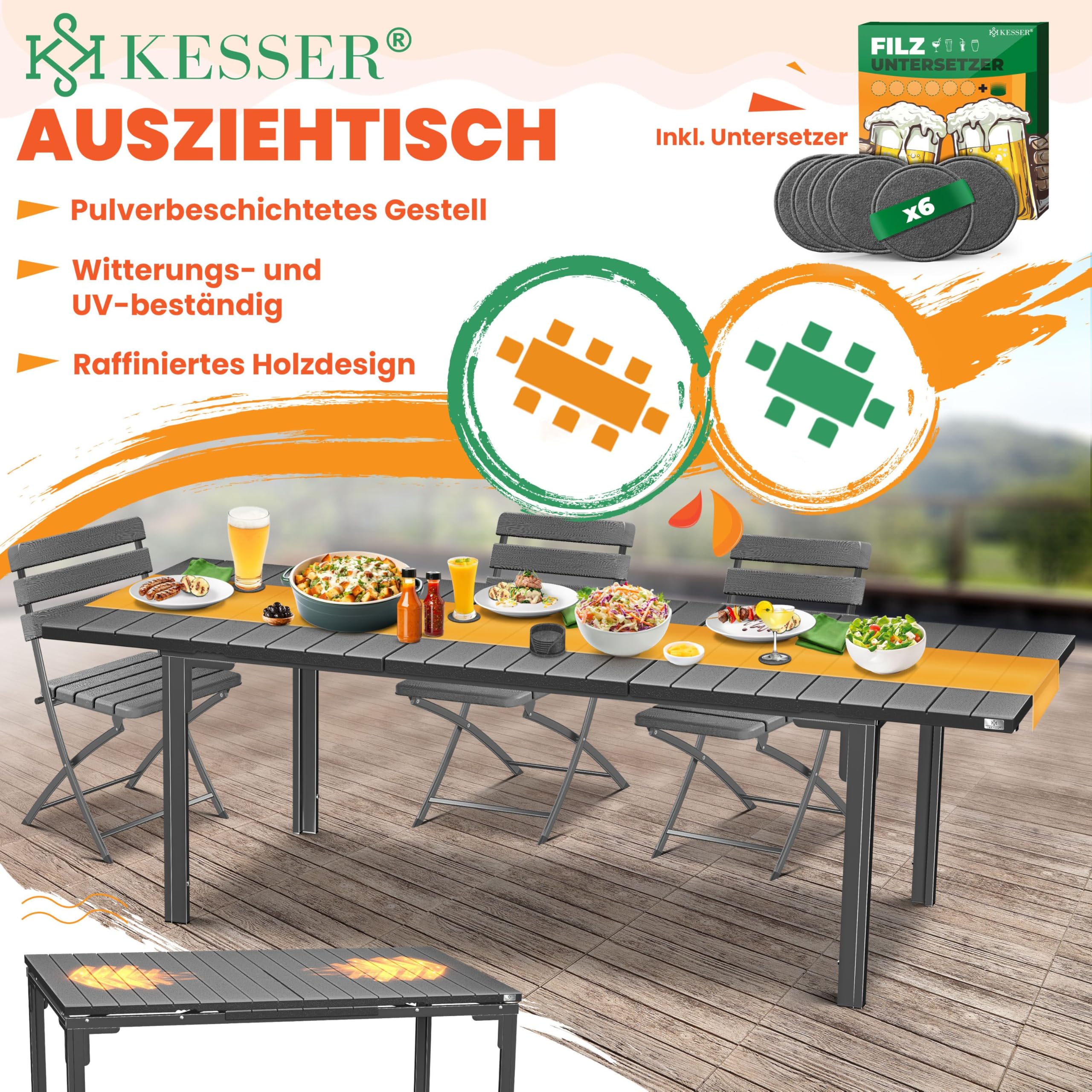 KESSER® Gartentisch ausziehbar Esstisch 180/240x90cm erweiterbar bis 8 Personen Ausziehtisch mit pulverbeschichtetem Stahl-Gestell & HDPE Tischplatte Wetterfest & UV-Beständig inkl. 6 Filz-Untersetzer