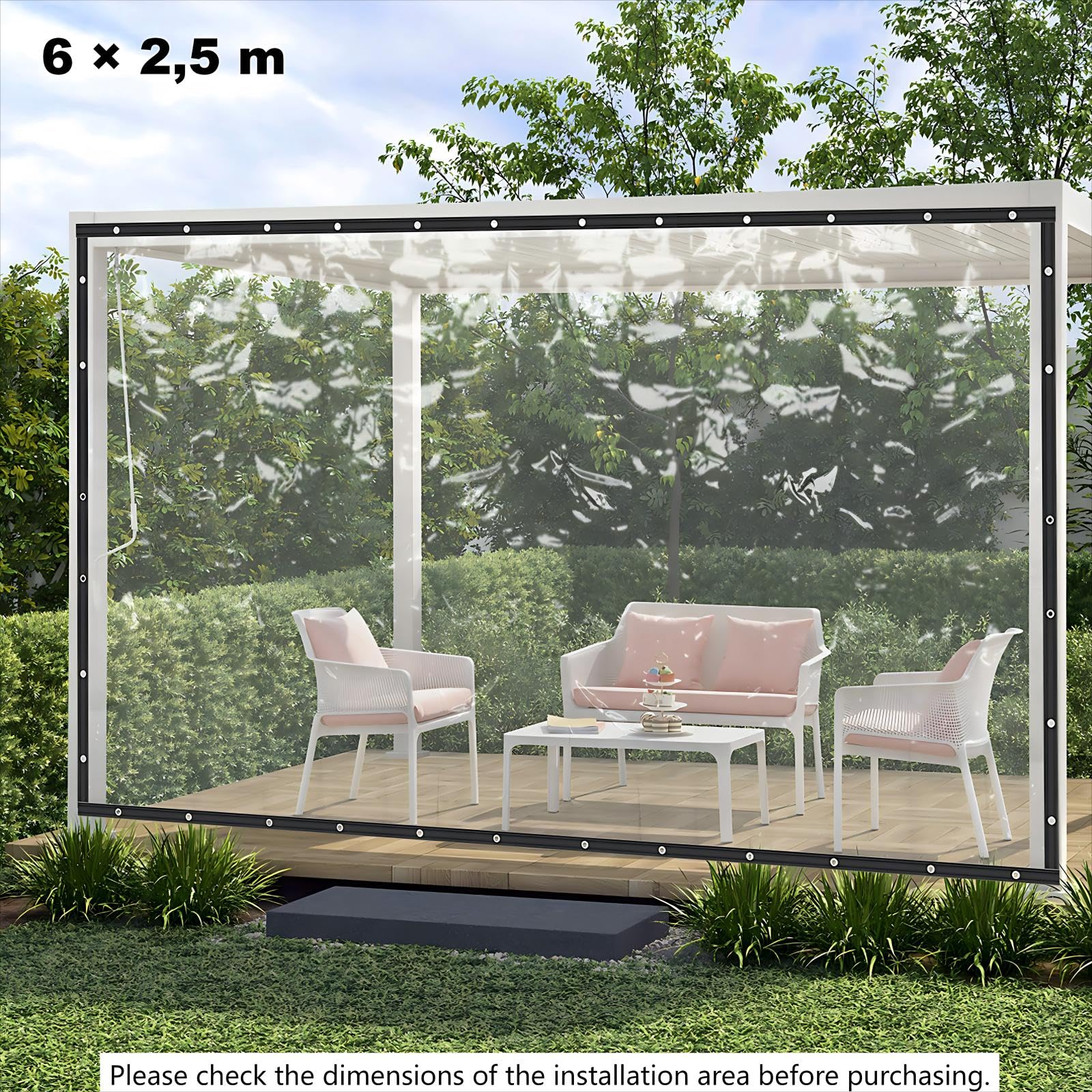 Klare Plane – Transparente Außenplane & Regenschutz für Terrasse – wasserdichte Vinylplane mit Ösen – Wetterfeste Abdeckplane für Balkon, Pergola & Veranda (6x2.5m)
