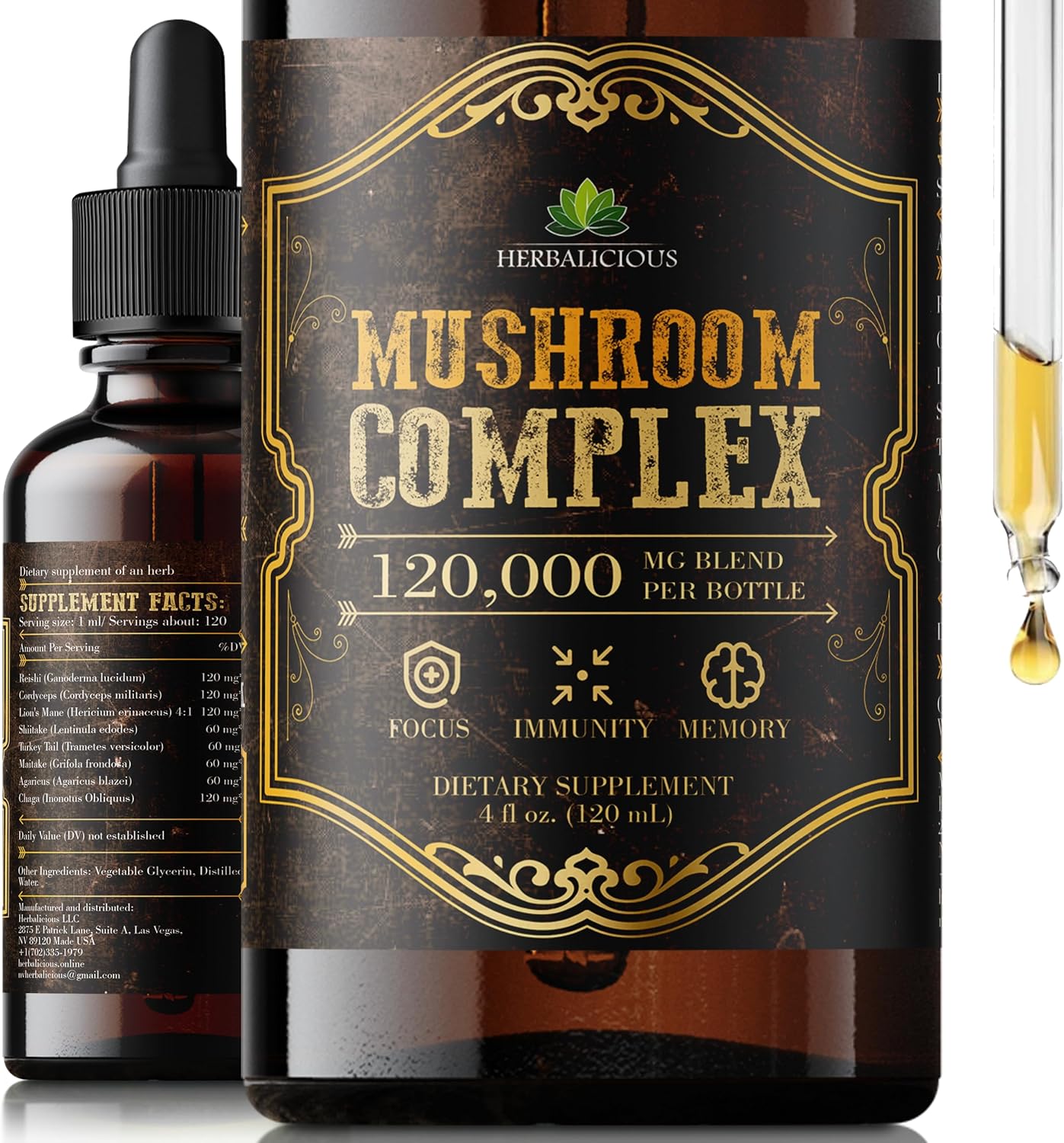 Mushroom Complex Supplement – 8 Mushroom Blend for Focus, Memory & Immune Support – High Potency 120,000mg Mushroom Supplement with Lion’s Mane, Reishi, Cordyceps, Chaga – 4 fl oz