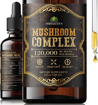 HERBALICIOUS Mushroom Complex Supplement 8 Mushroom Blend for Focus, Memory & Immune Support High Potency Mushroom Supplement with Lions Mane, Reishi, Cordyceps, Chaga 4 fl oz