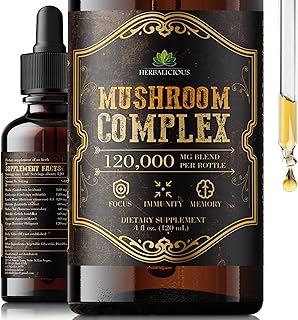 HERBALICIOUS Mushroom Complex Supplement – 8 Mushroom Blend for Focus, Memory & Immune Support – High Potency 120,000mg Mushroom Supplement with Lion’s Mane, Reishi, Cordyceps, Chaga – 4 fl oz
