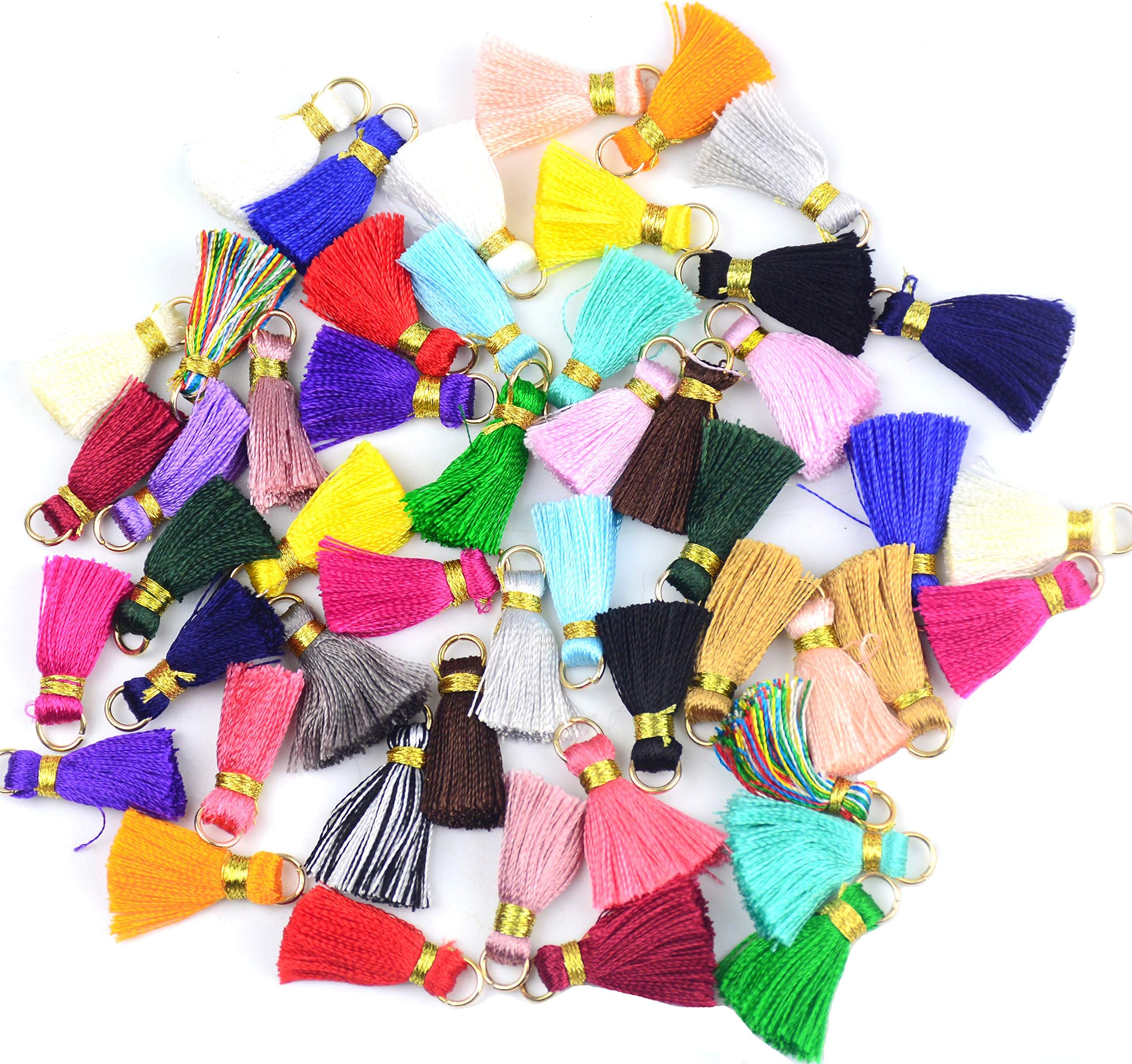 Makhry 50pc 0.8''(2cm) Mini Soft Handmade Silky Floss Tassel with Gold Gold Jump Ring for Woman Earrings, Jewelry Making, Souvenir, DIY Craft Accessory (50, Random)