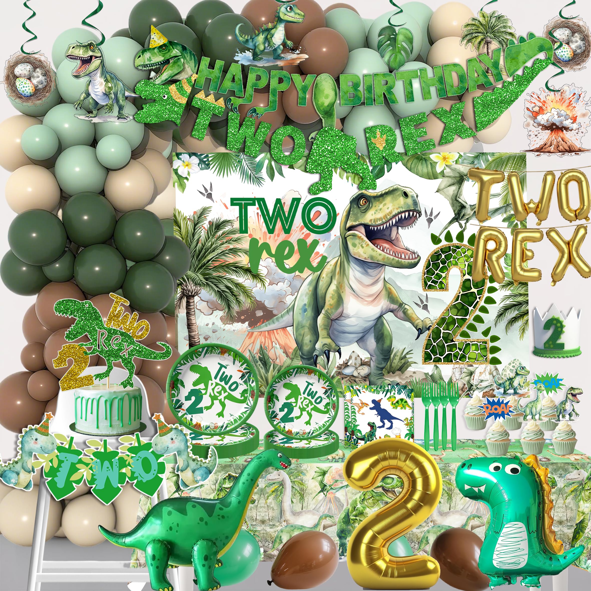 Dinosaur 2nd Party Decorations,2nd Birthday Decorations For Boys,Two Rex 2nd Birthday Party Dinosaur Decorations include Dino Balloon Arch Backdrop