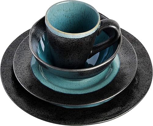 Miniatura 4 de Gibson Elite Dragonstone Round Reactive Glaze - Juego de vajilla de cerámica para cuatro (16 piezas), color aguamarina