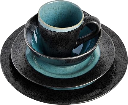 Gibson Elite Dragonstone Round Reactive Glaze Stoneware Dinnerware Set, Service for Four (16pcs), Aqua