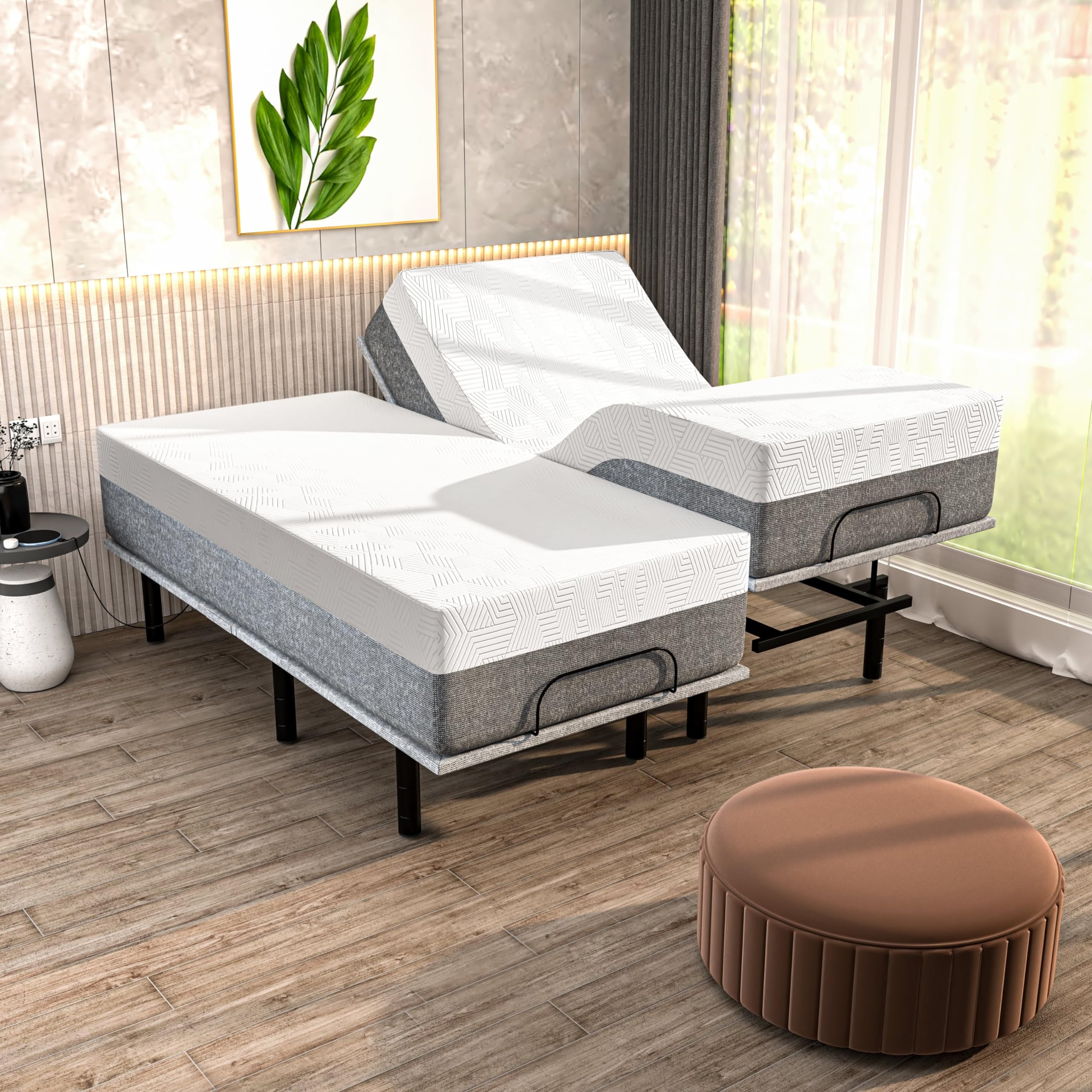 Renanim SF Split King Adjustable Bed + Hybrid Mattress - 10" Luxury Cool Gel Mattress, Massage, USB, Under Bed Light, Remote & App Control, Head & Foot Incline Zero Gravity Bed