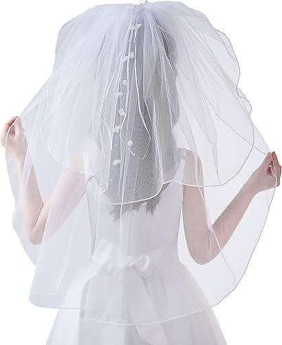 Glamulice Velo de primera comunión para niña de flores, velo de mantilla, de tul blanco, para boda, bautismo, comunión, tocado