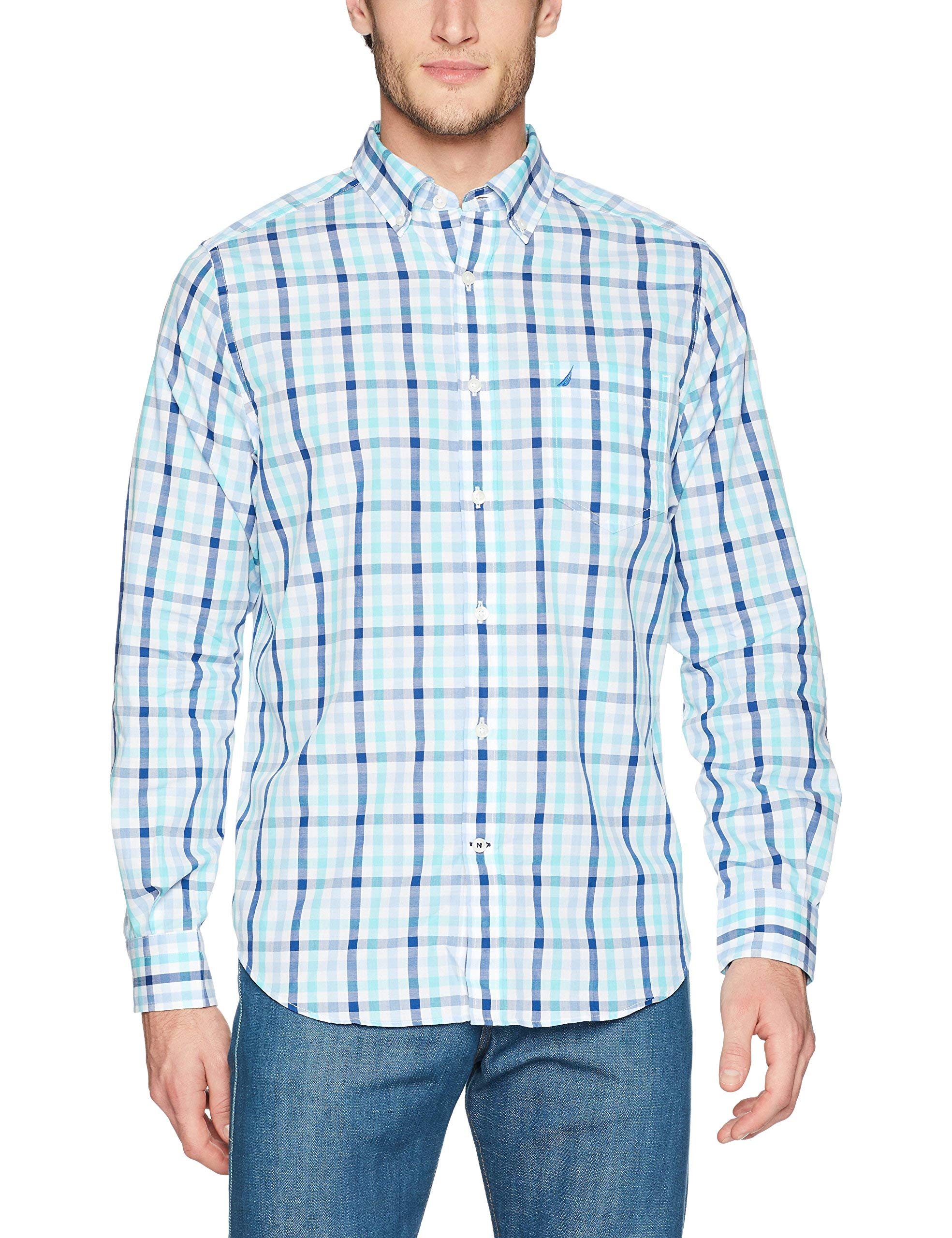 Nautica Men's Wrinkle Resistant Long Sleeve Button Front Shirt, White, Blue, Green, Medium