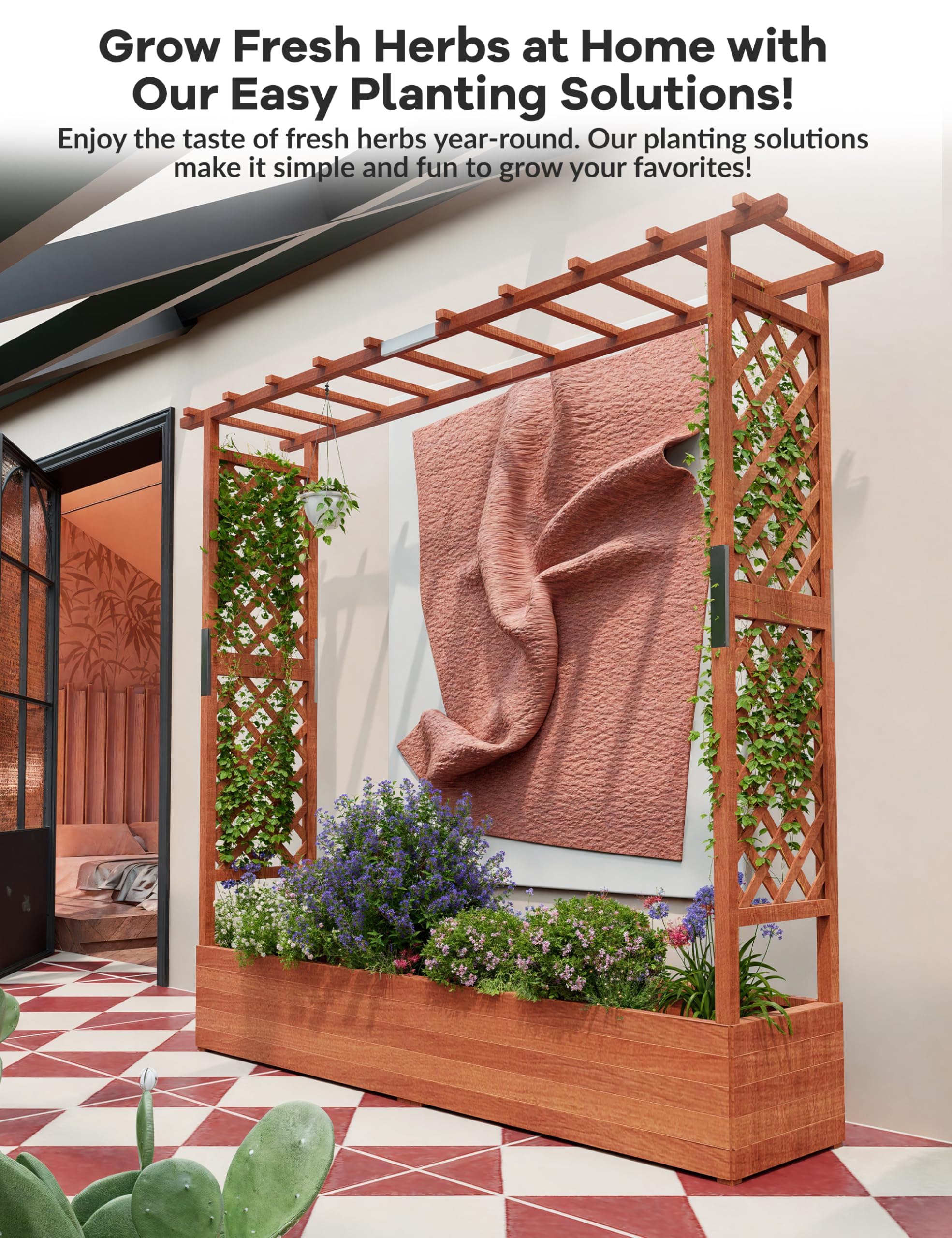 Großes Hochbeet aus Holz mit Rankgitter & Aufhängedach – Freistehender Pflanzkasten mit 2 Seitengittern, 4 Wasserabläufen – Für Kletterpflanzen, Gemüse & Blumen – Garten, Balkon, 196×44×182cm