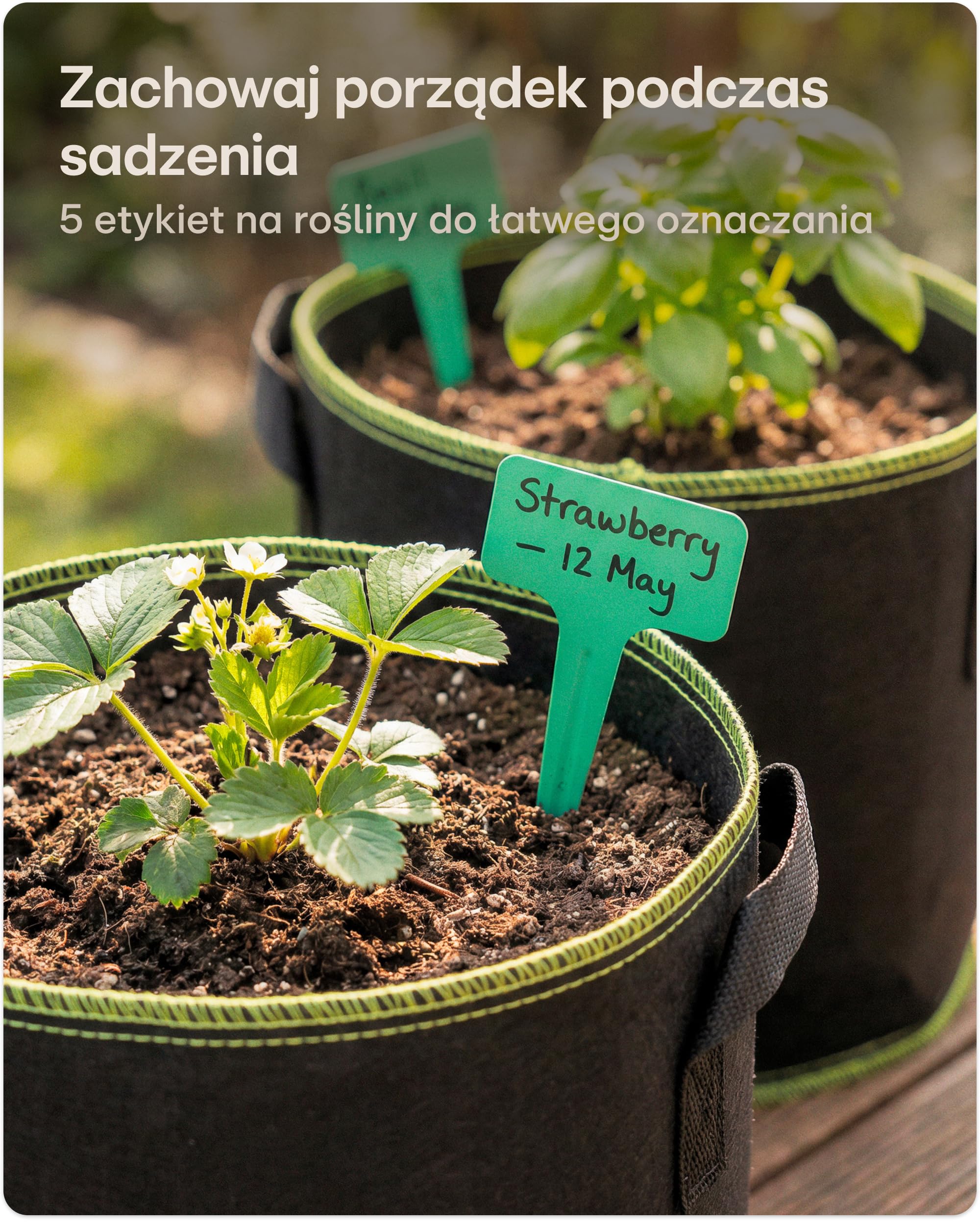 Worek do sadzenia 10L - 5 Worek na rośliny z etykietami - Z uchwytem - Na zioła, kwiaty, truskawki.
