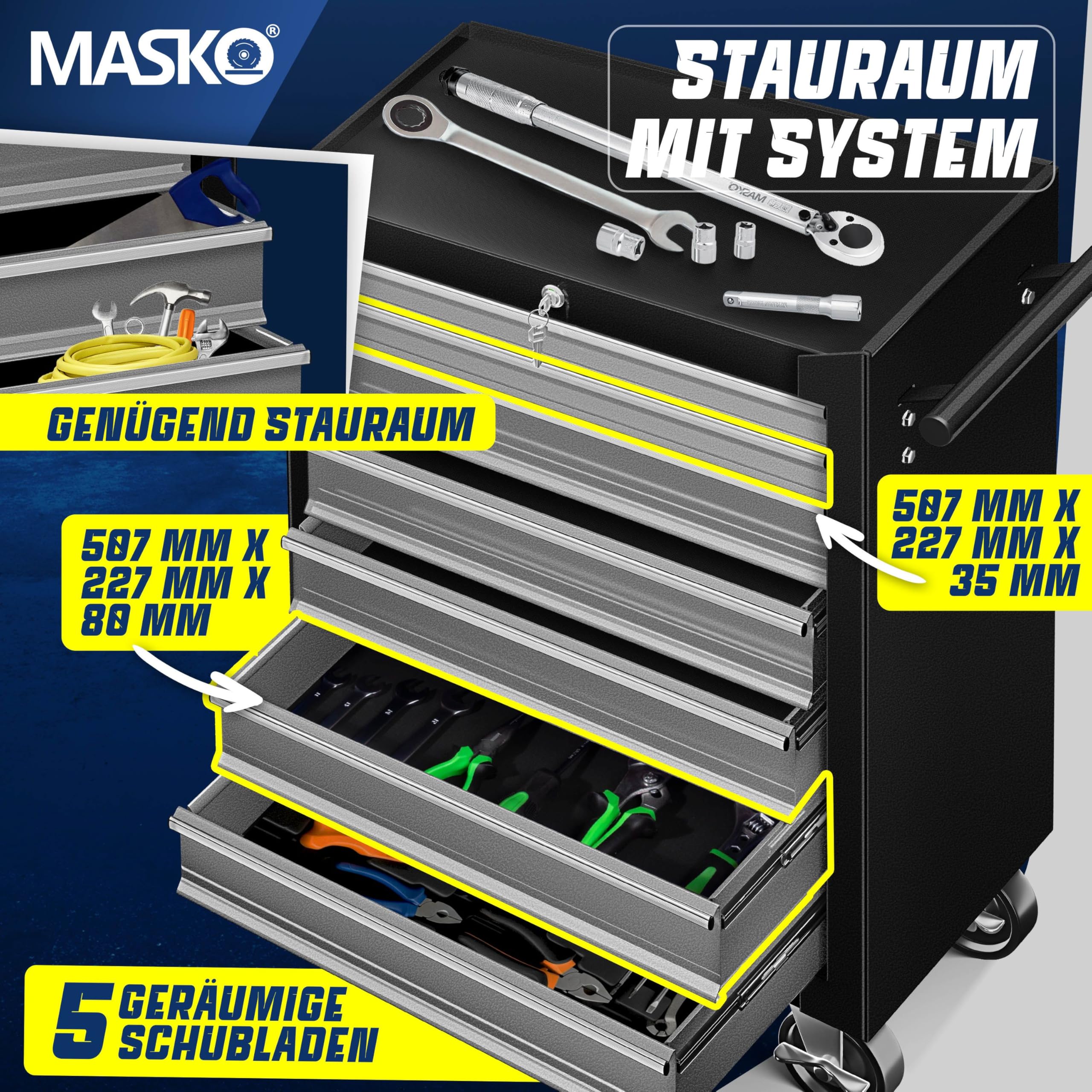 MASKO Carrello da officina – 7 cassetti, grigio | chiudibile | metallo massiccio | Carrello portautensili portatile senza attrezzi | Carrello professionale da officina vuoto | Carrello per attrezzi
