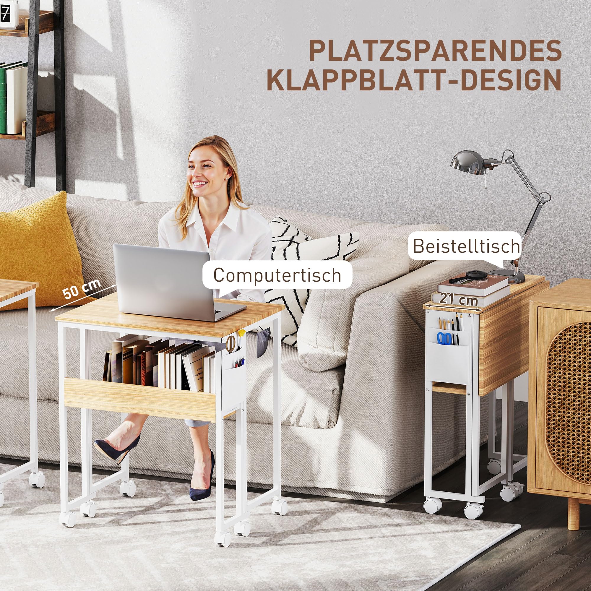 HOMCOM 63 cm Klappschreibtisch mit Rollen mit Regal für Home Office Natur | Schreibtisch, Klappbar, Kleiner, Platzsparend, Computertisch, Aufbewahrungstasche