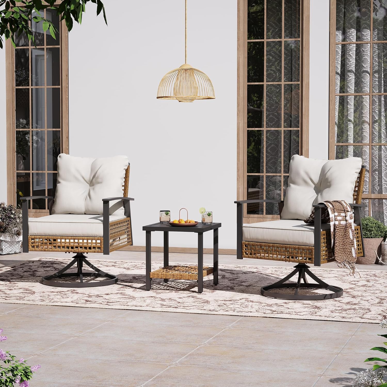 3 Piece Wicker Swivel Rocking Chair Set, Beige Floral Rattan Weave Patio Furniture, Indoor Outdoor Use for Porch, Backyard & Balcony with 2 Rocking Chairs & 1 Side Table