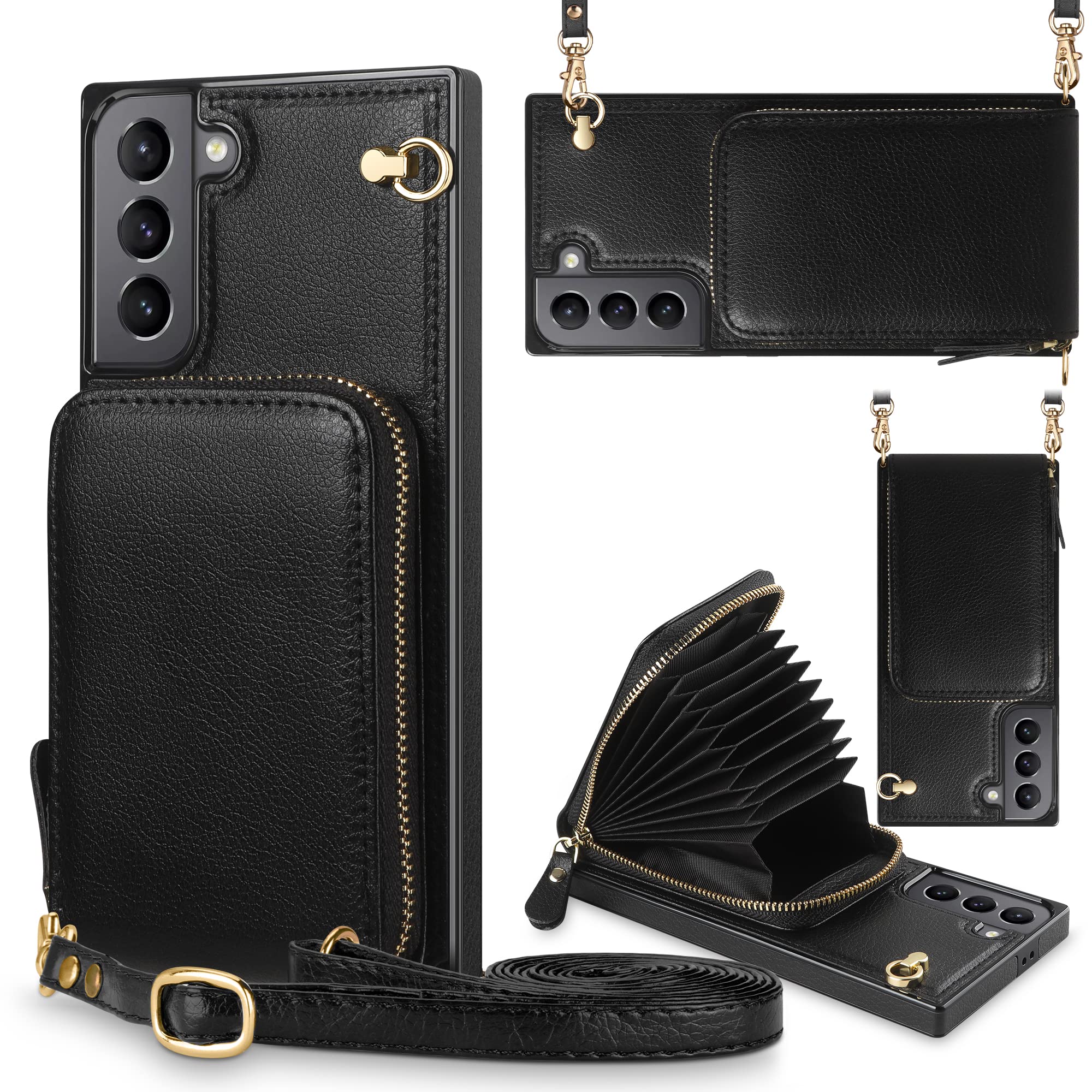 JAKPDE for Samsung Galaxy S21 Wallet Case with Card Holder [NOT for S21 Ultra] Zipper Leather Case with Lanyard Wallet Case Blocking Purse Cover for