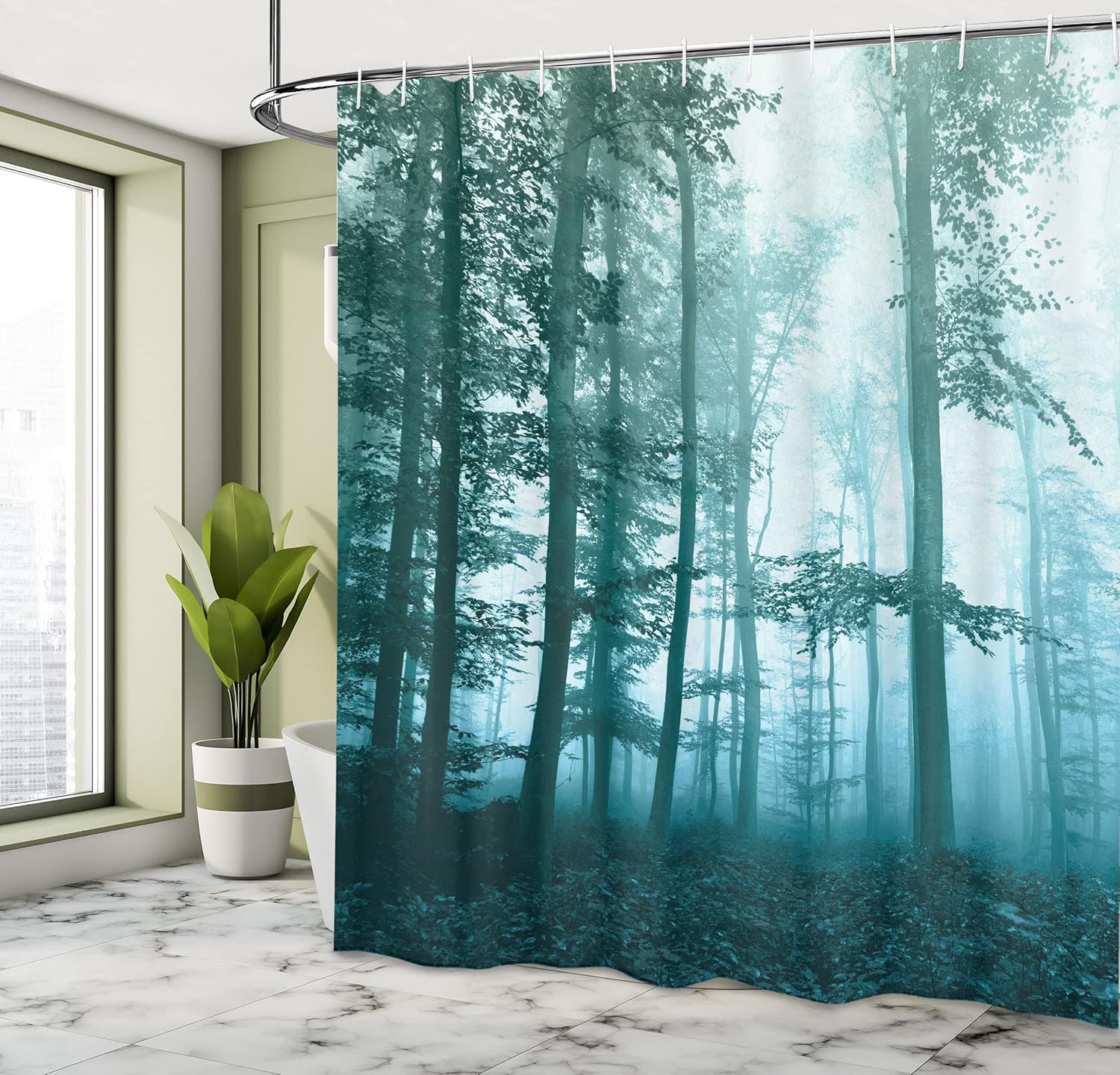 Ambesonne Forest Shower Curtain, Autumn Season Mystic Foggy Fall Nature and Enchanted Woods Wild Trees Print, Cloth Fabric Bathroom Decor Set with Hooks, 69" W x 75" L, Pale Turquoise