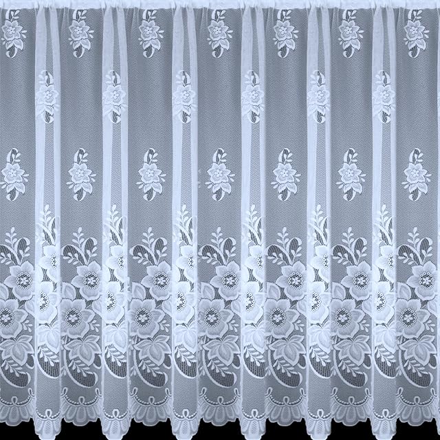 kellyuk Hailey Floral White Rod Top Ready To Hang Net Curtain - 2 Metre Wide x 54'' (137cm) Drop