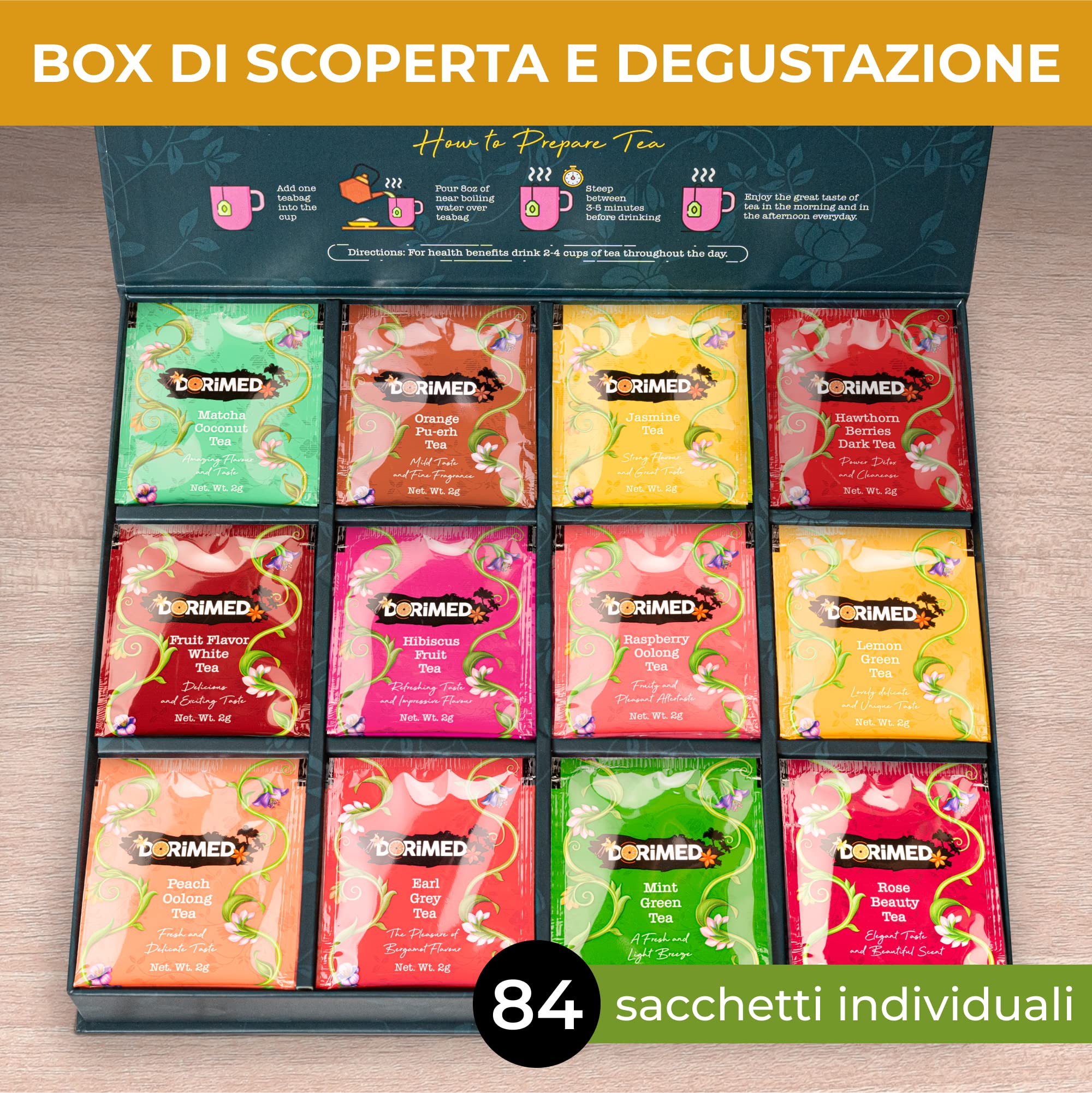 Cofanetto Scoperta e Degustazione - Assortimento di 12 Tè e Infusi Aromatizzati (84 bustine singole) - Tè Nero/Bianco/Verde/Matcha/Earl Grey/Oolong/Pu-Erh - Confezione Regalo - Tisane