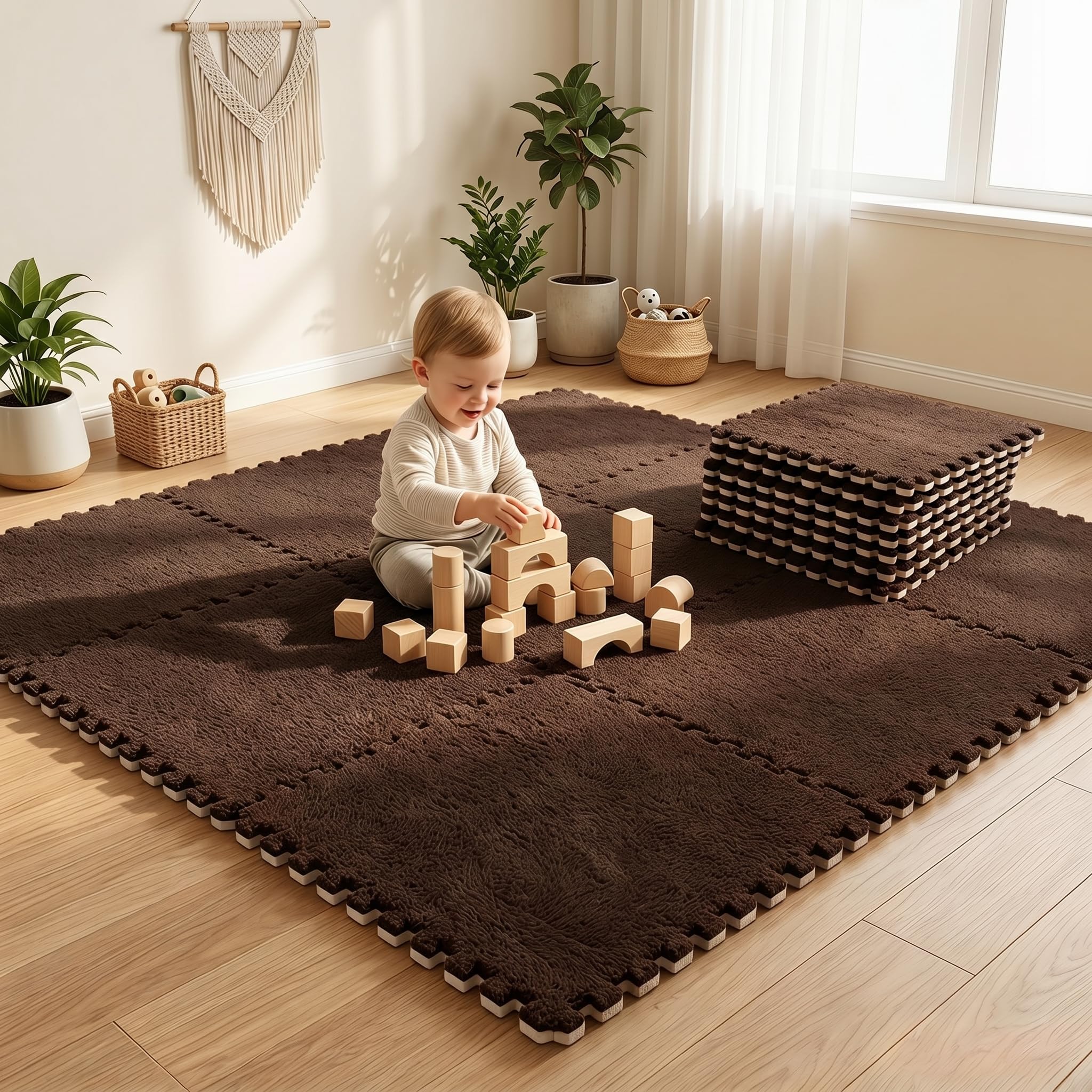 12 Pieces Interlocking Puzzle Mats Foam Mats 30x30cm for Kids Living Room Bedroom Dark Brown