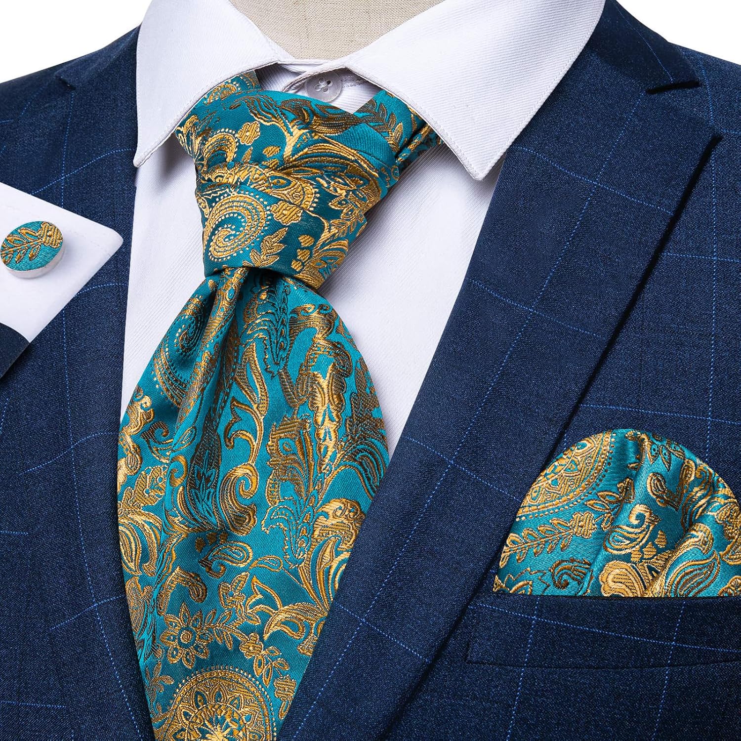 DiBanGu 3PCS Ascot Ties for Men Wedding Jacquard Woven Silk Ascot Cravat for Men Cravat Tie and Pocket Square Set