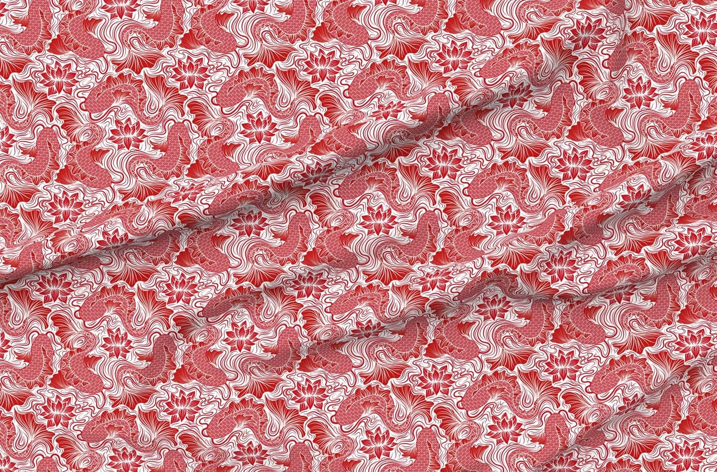 Spoonflower Fabric - Fish Koi Water Pond Lotus Carp Asian Red Japanese Printed on Organic Cotton Sateen Fabric by The Yard - Sewing Quilting Apparel Home Decor