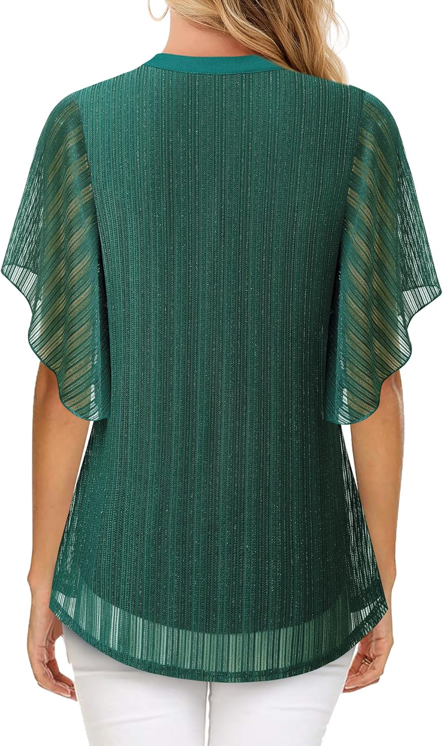 Timeson Women's Short Sleeve V Neck Blouses Shirts Floral Double Layers Mesh Tunics Tops - Image 3