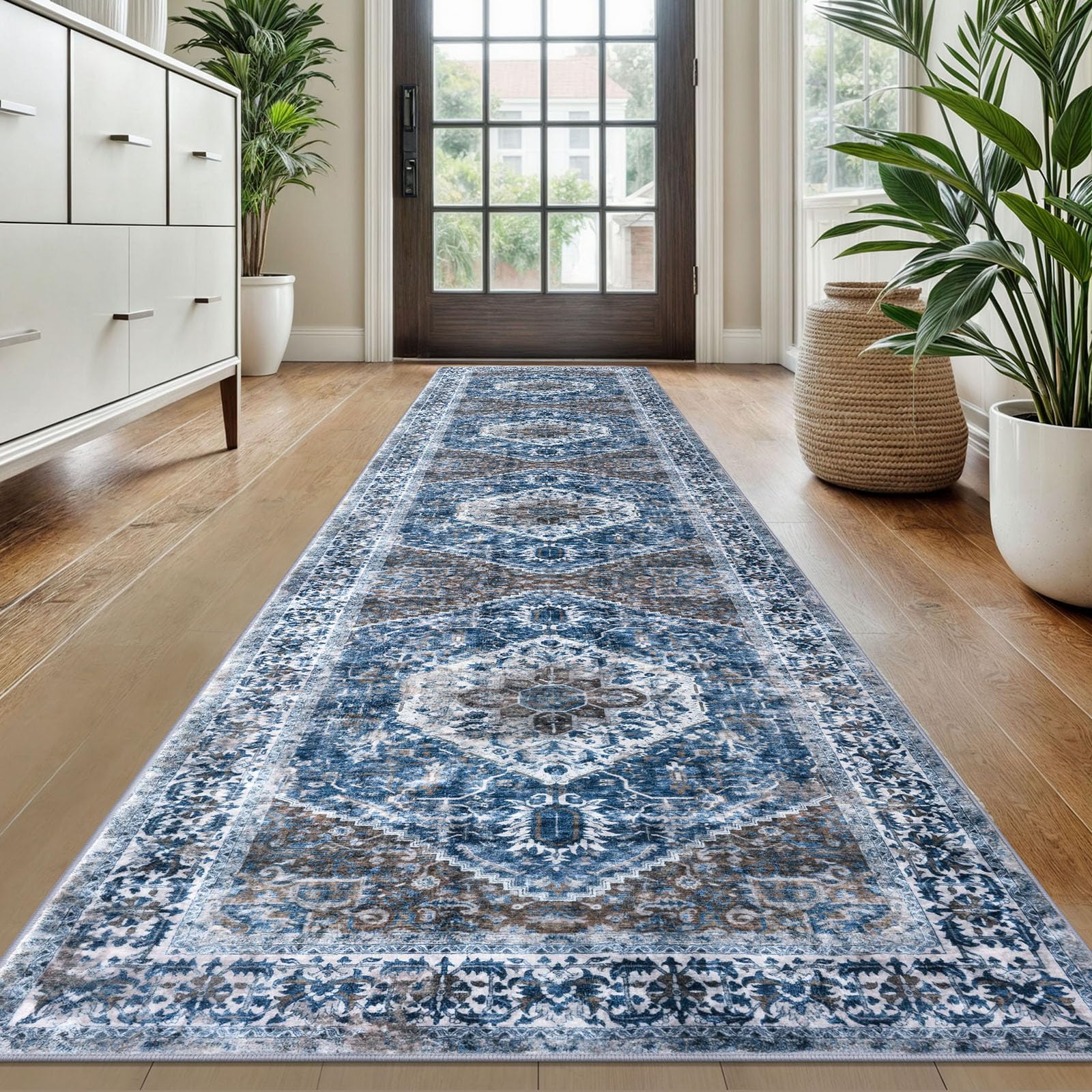KOZYFLY Long Runners for Hallways 2x10 Ft Washable Kitchen Runner Rug Boho Runner Rug for Entryway Indoor Blue Printed Oriental Faux Wool Stair Runner