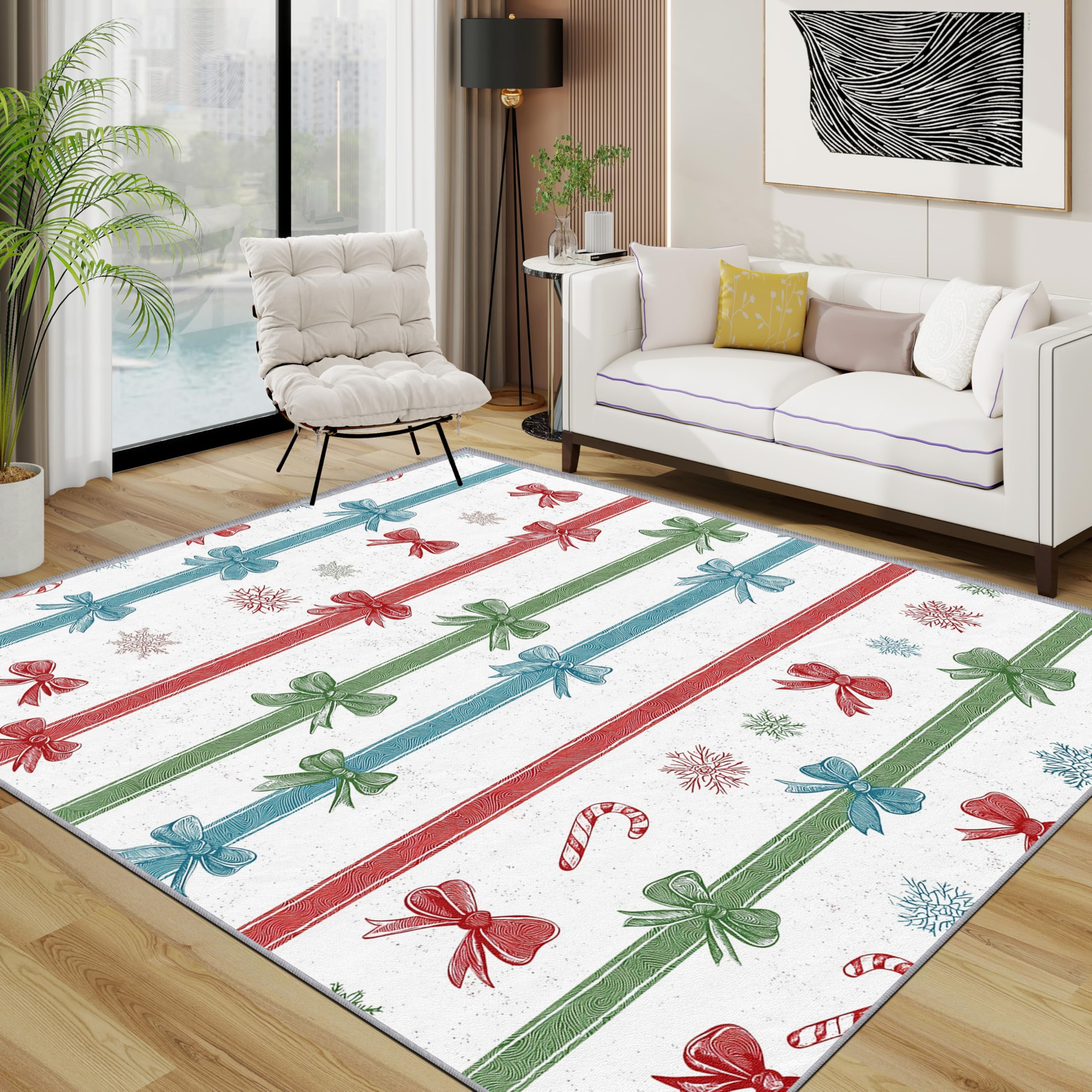 TerroVee Christmas Rug - Red Green Blue Xmas Small Rugs for Bedroom 60x90, Colorful Holiday Bow Floor Mat Soft Washable Non Slip Indoor Mats, Christmas Room Decor