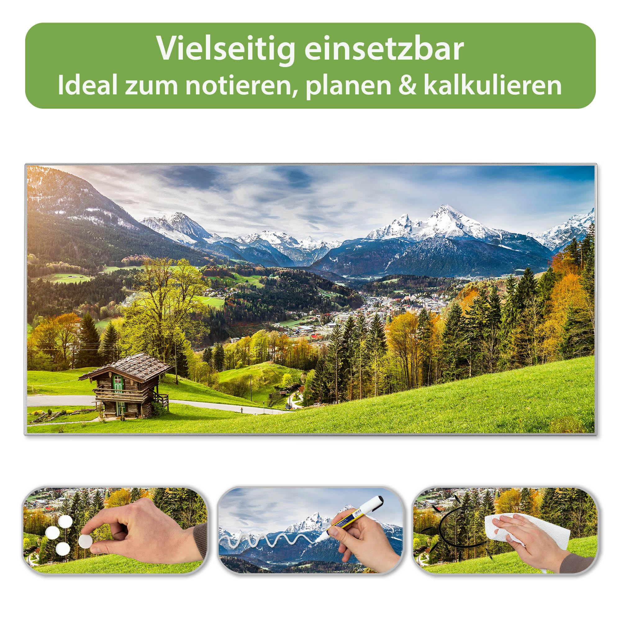 banjado Magnettafel Metall 78 x 37cm - beschreibbare Magnettafel - Metall Pinnwand als Memoboard - Magnetwand Küche, Büro, Kinderzimmer Grau inkl. 4 Magnete & Montageset - Motiv Berchtesgadener Land